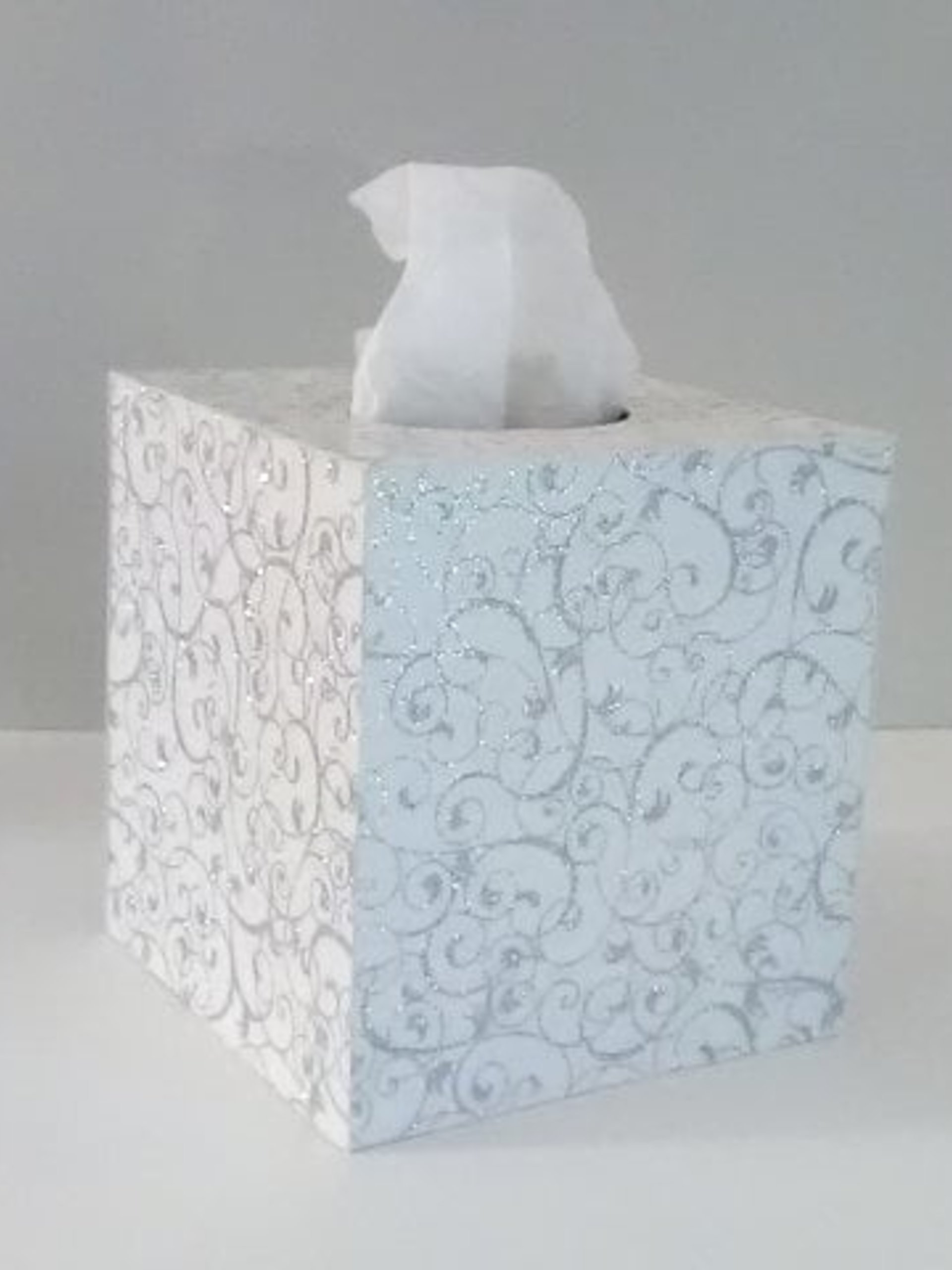 White & Silver Swirl Tissue Box Cover-White w/Sparkling Silver Glitter Swirls,Square Tissue Holder