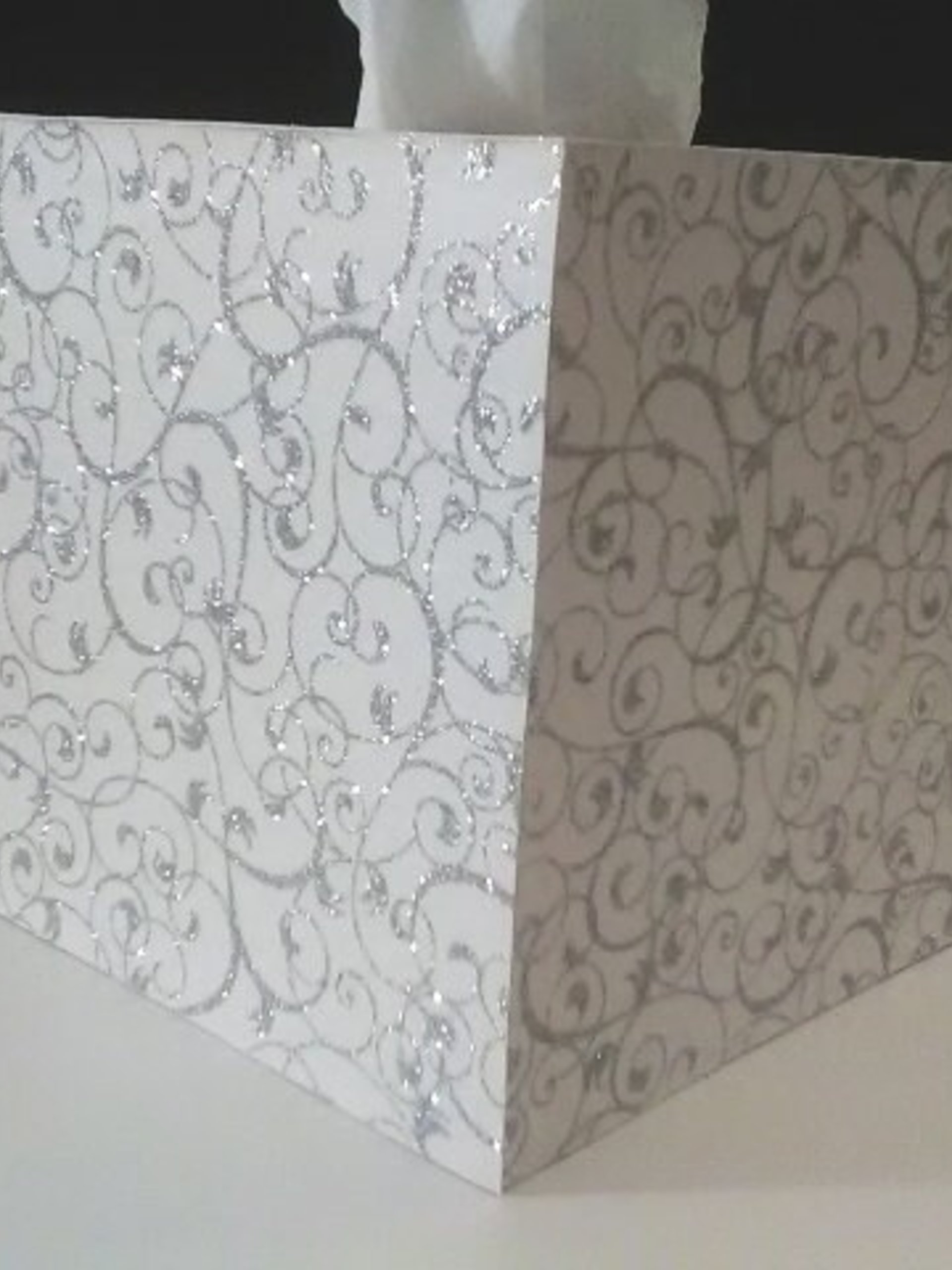 White & Silver Swirl Tissue Box Cover-White w/Sparkling Silver Glitter Swirls,Square Tissue Holder