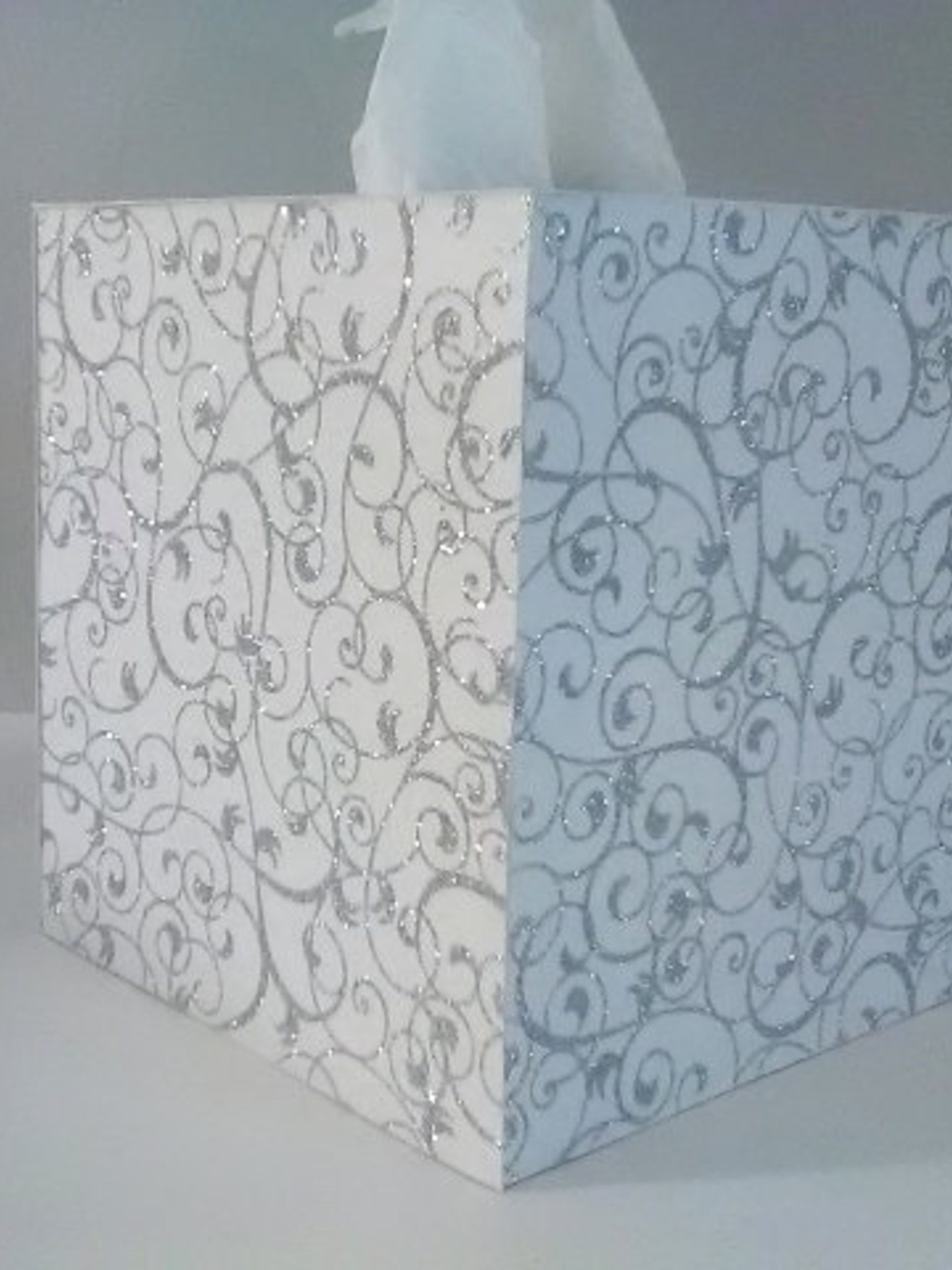 White & Silver Swirl Tissue Box Cover-White w/Sparkling Silver Glitter Swirls,Square Tissue Holder