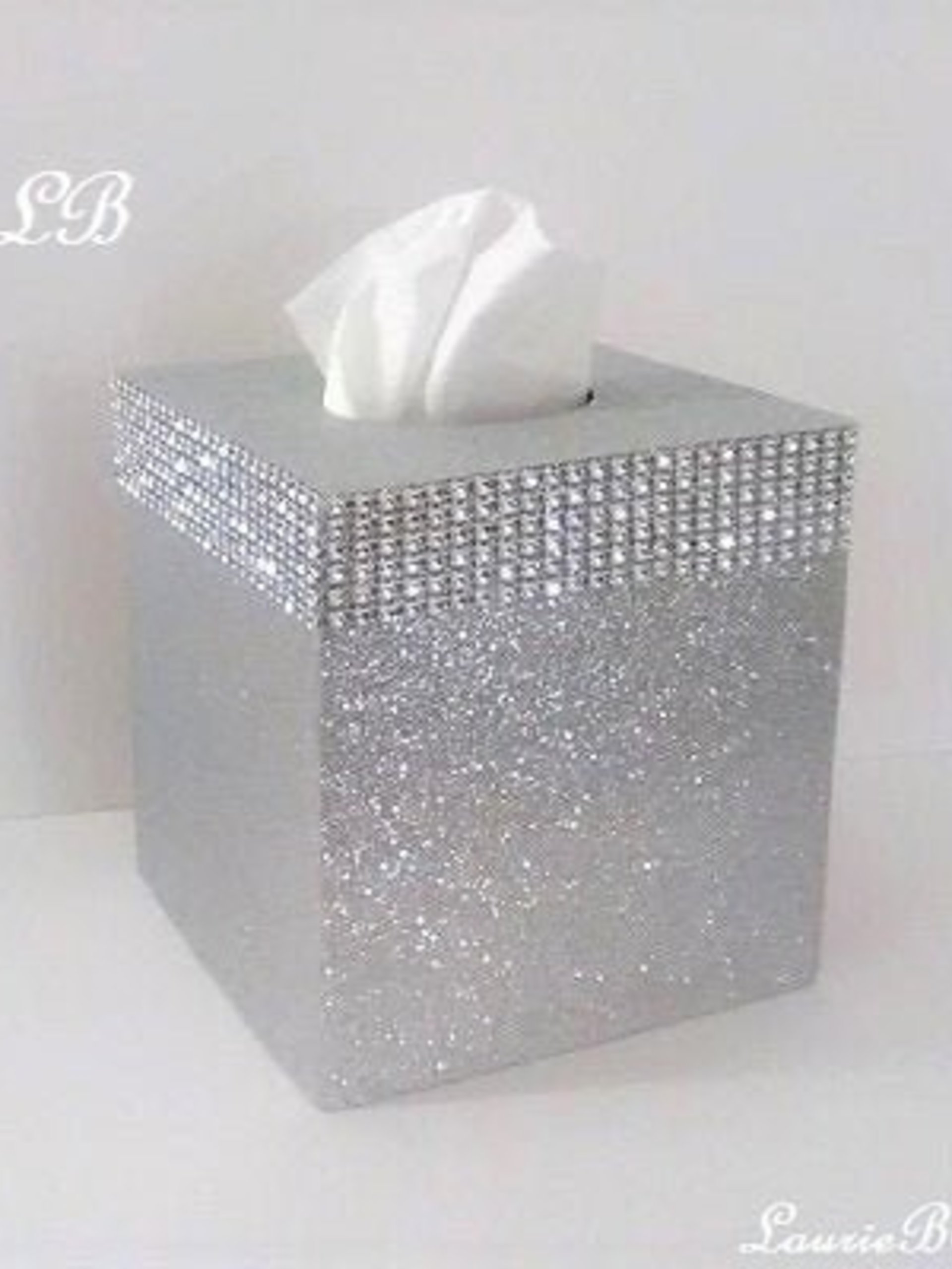 Silver Glitter & Diamond Wrap Tissue Box Cover-Fine Glitter-w/Silver Diamond Wrap Bling