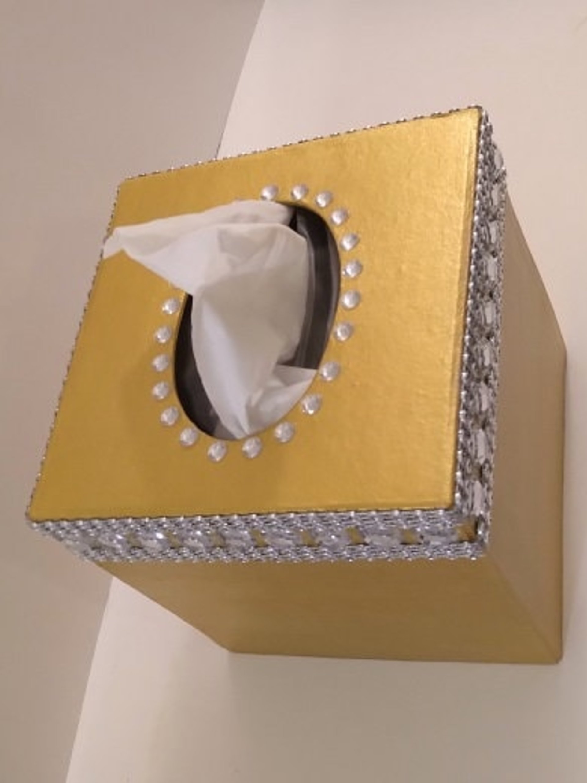 Bling Tissue Box Cover-Handpainted Metallic Silver or Variety of Colors-w/Clear Rhinestones and Silver Diamond Wrap