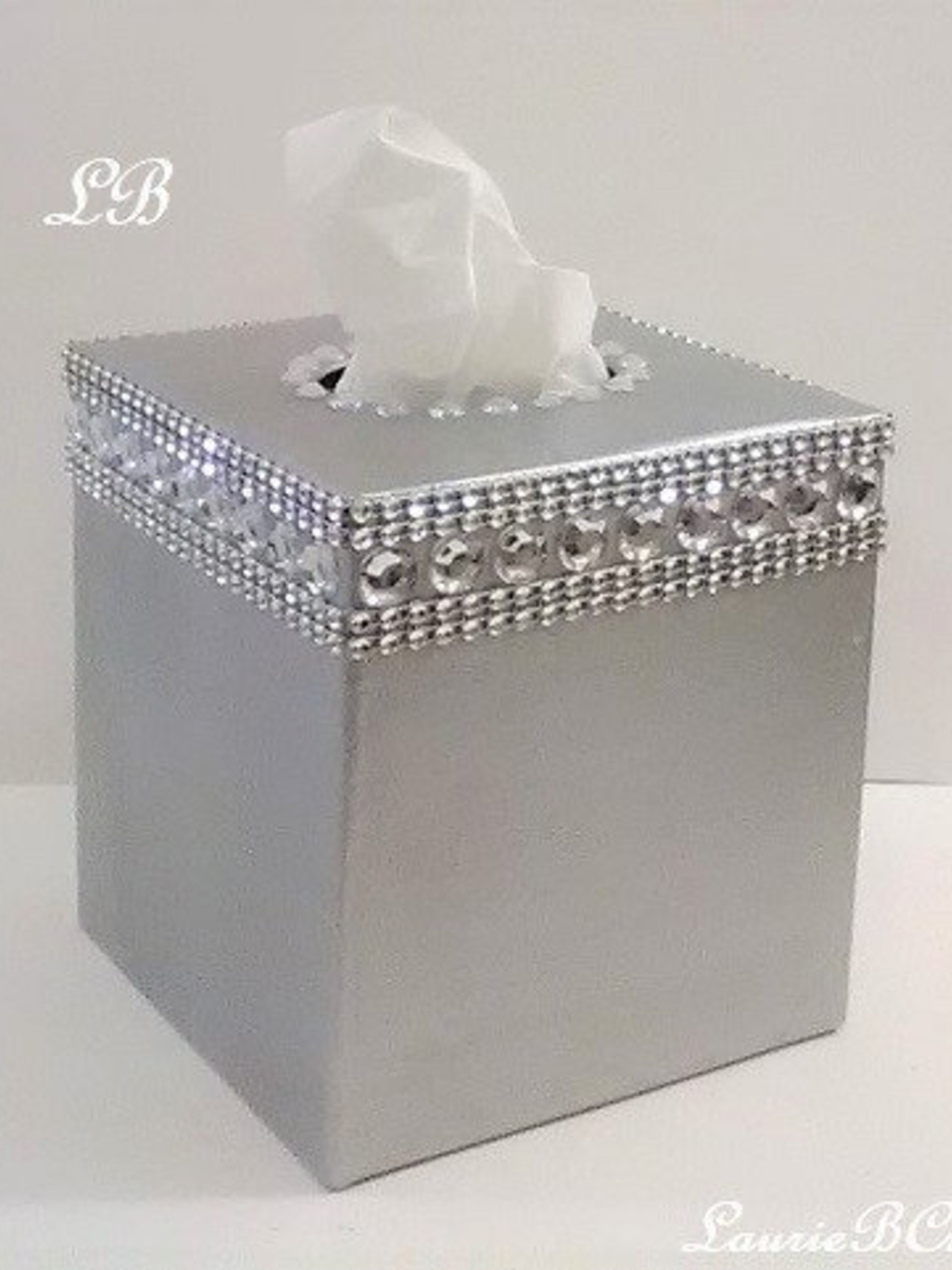 Bling Tissue Box Cover-Handpainted Metallic Silver or Variety of Colors-w/Clear Rhinestones and Silver Diamond Wrap