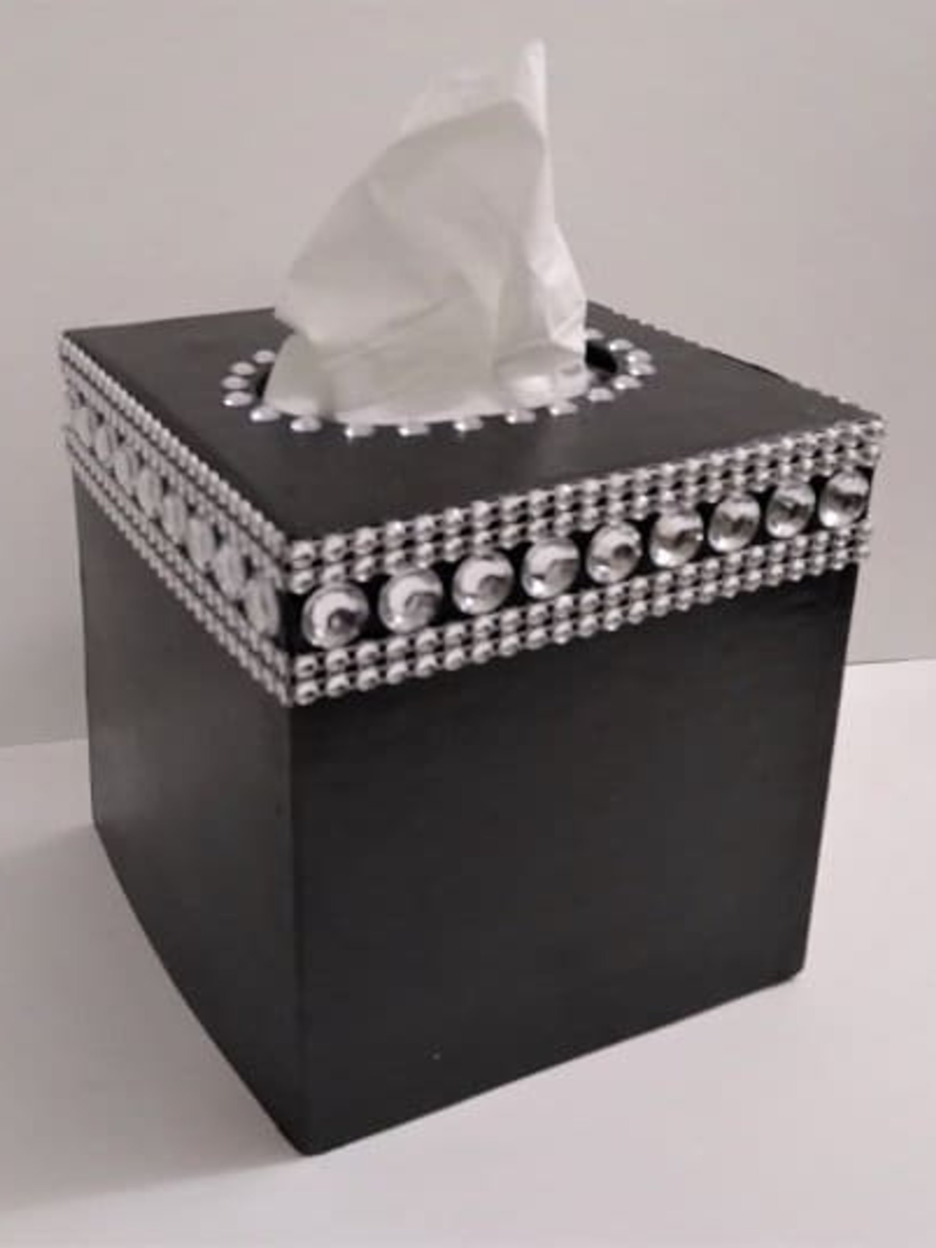 Bling Tissue Box Cover-Handpainted Metallic Silver or Variety of Colors-w/Clear Rhinestones and Silver Diamond Wrap