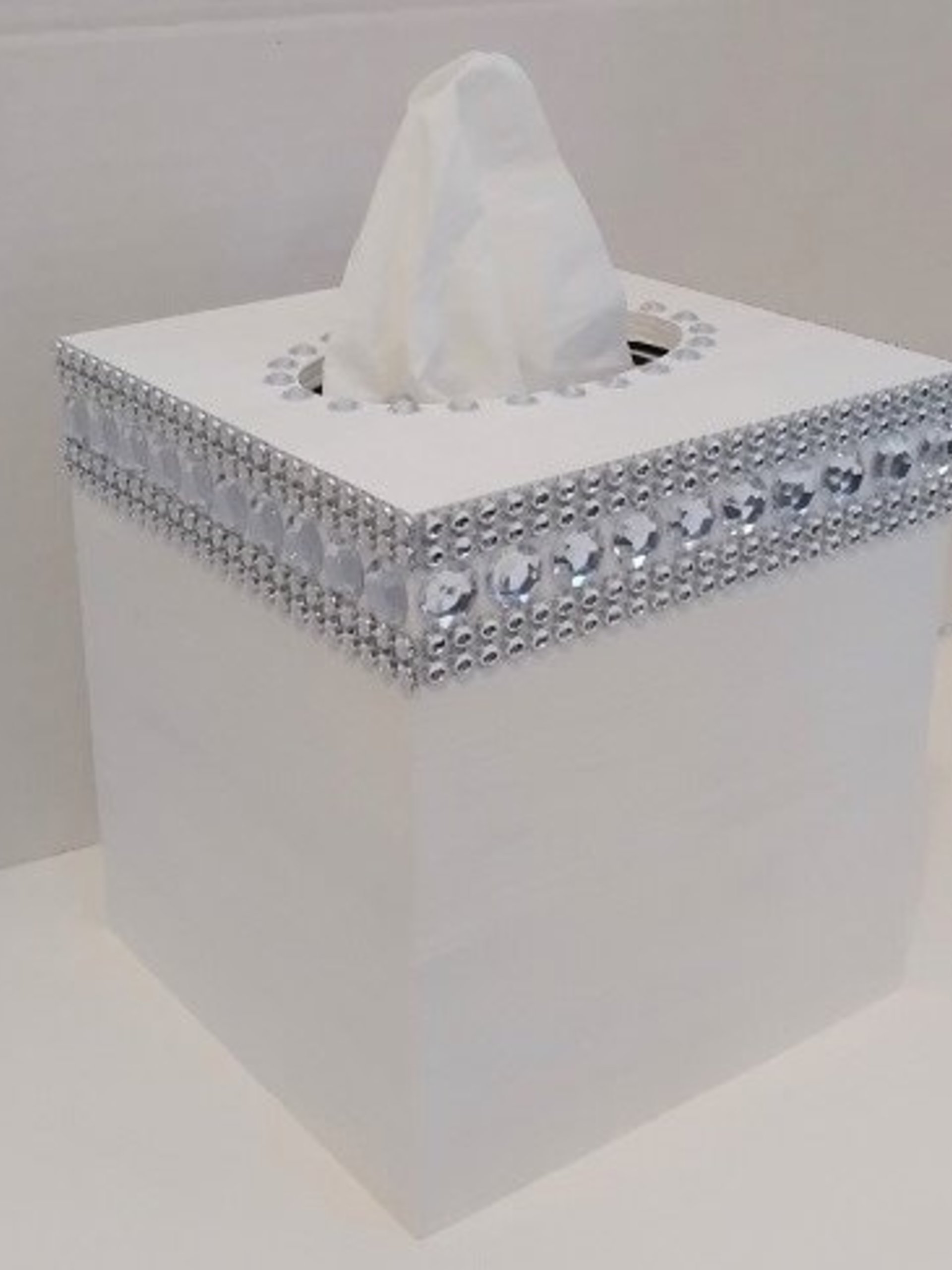 Bling Tissue Box Cover-Handpainted Metallic Silver or Variety of Colors-w/Clear Rhinestones and Silver Diamond Wrap