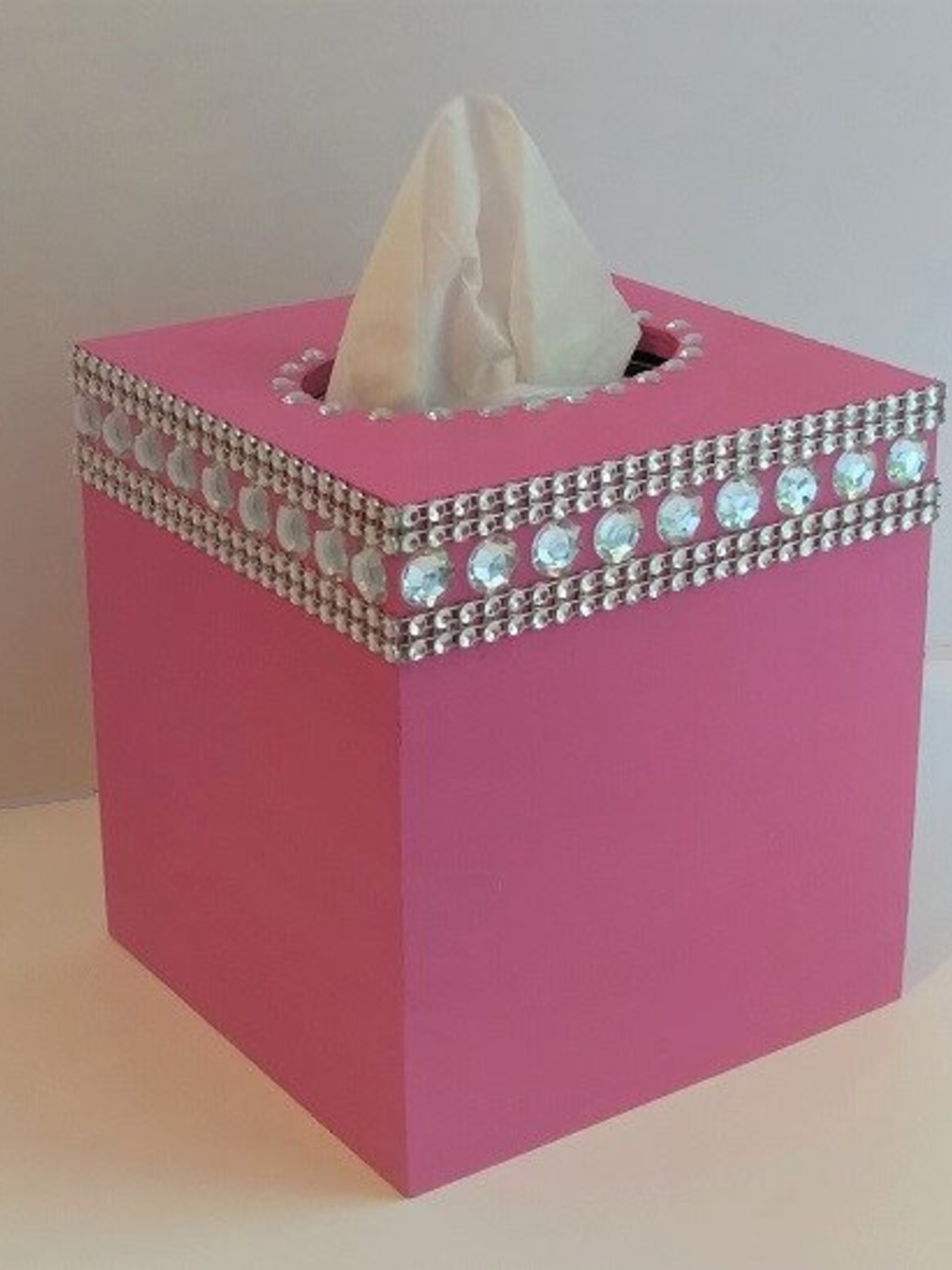 Bling Tissue Box Cover-Handpainted Metallic Silver or Variety of Colors-w/Clear Rhinestones and Silver Diamond Wrap