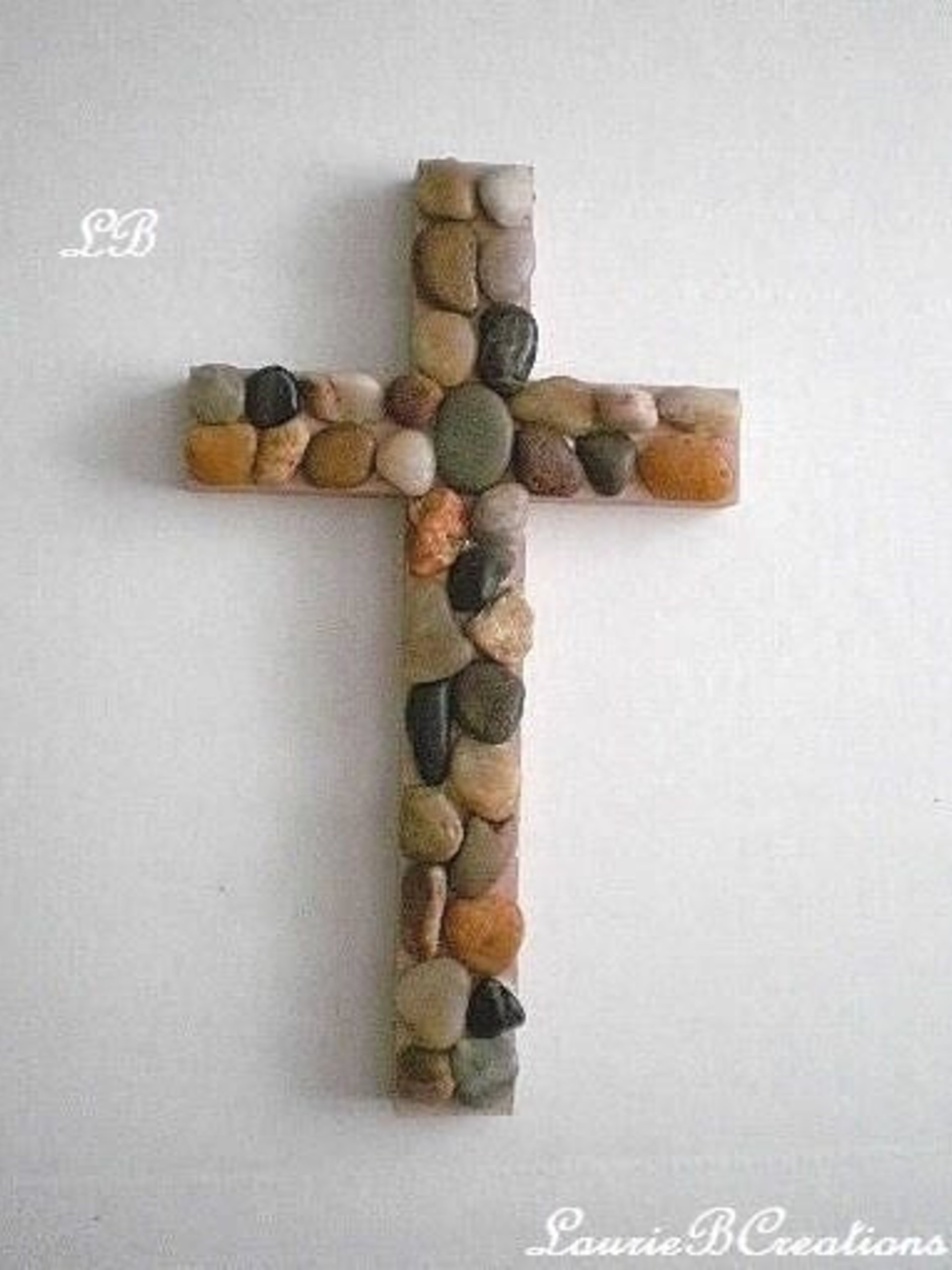 River Rock Wall Cross - Hand Painted Beige Wood Cross with River Pebble Rocks- 12" Natural Stone Cross 