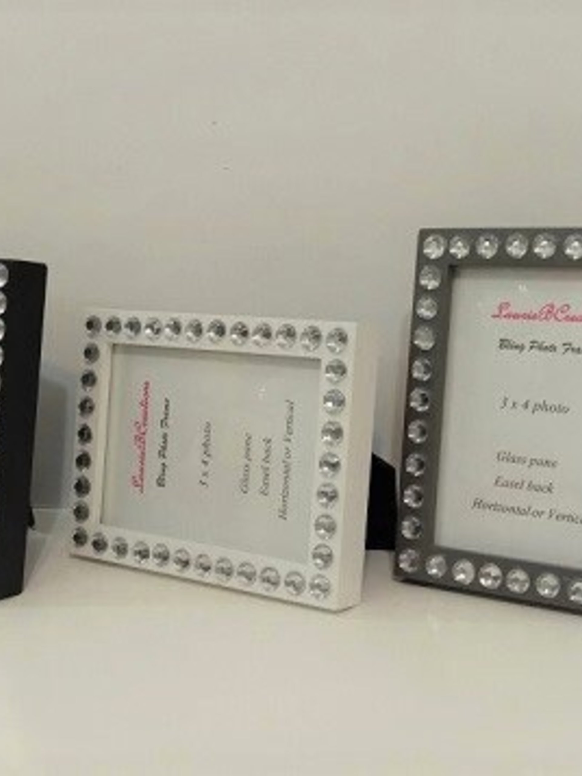 Bling Picture Frame - Black, White or Gray Mini Desktop Frame w/Clear Rhinestones - for 3" x 4" photos or info