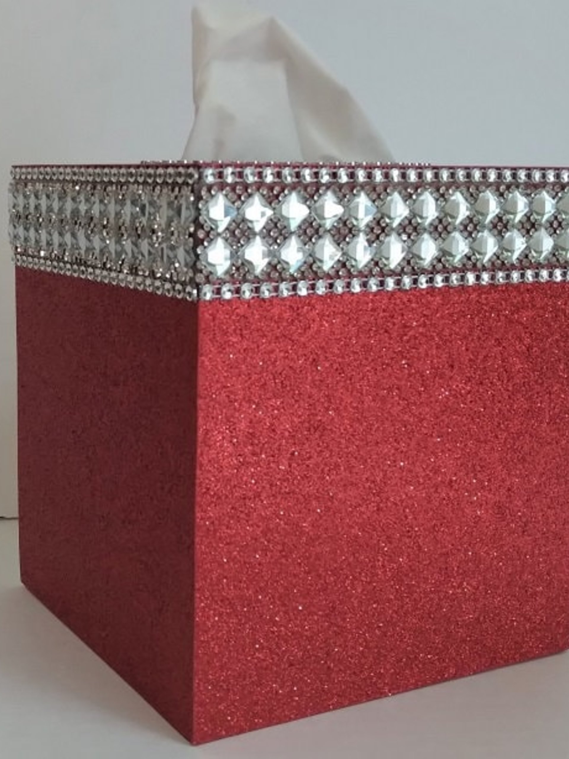 Glitter & Bling Tissue Box Cover-Fine Glitter w/Crystal Glass Rhinestone Trim and Diamond Wrap Bling- Home, Bath, Wedding, Christmas, Gift