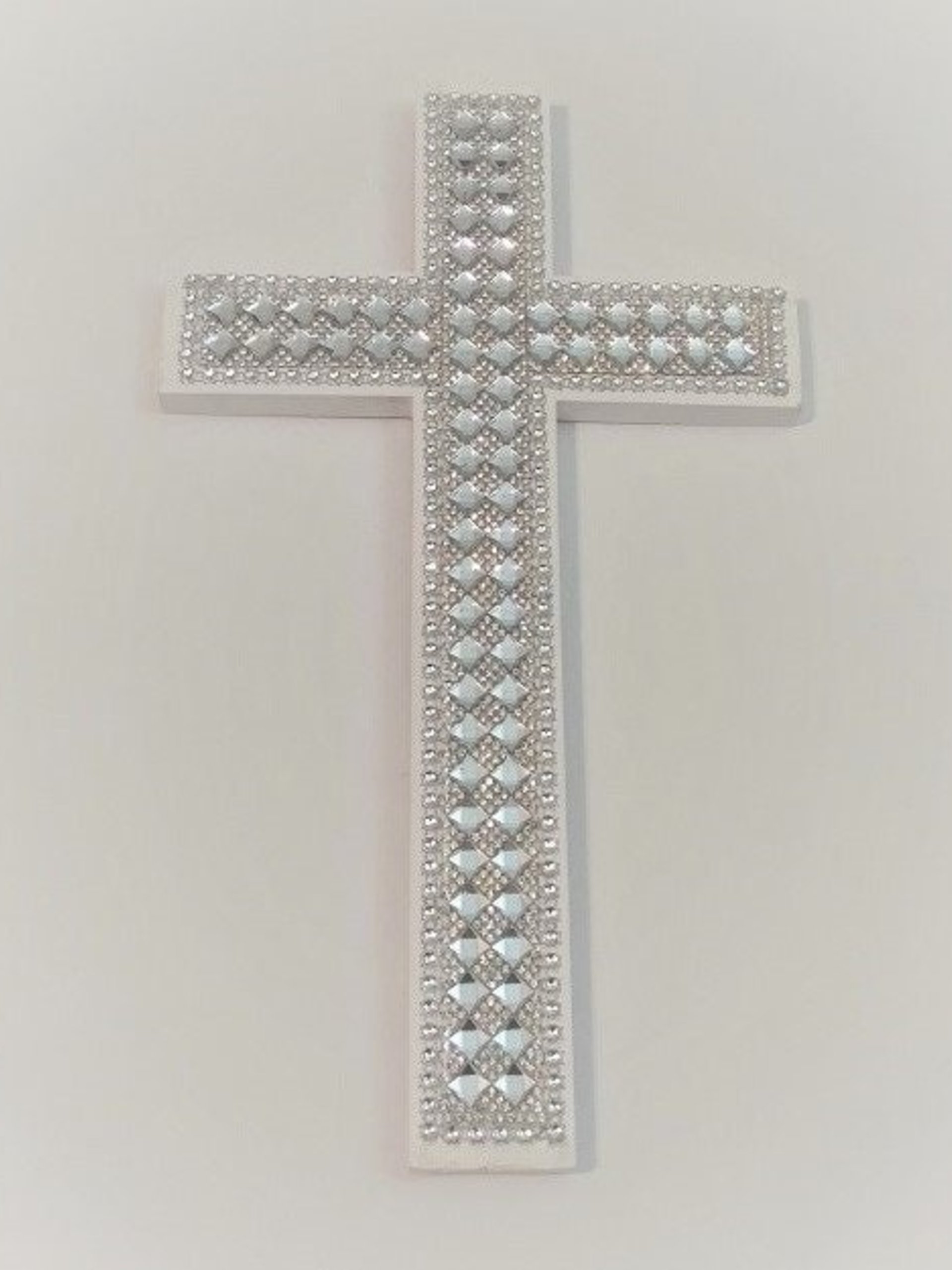 Bling Wall Cross - Handpainted Cross w/Sparkling Glass Crystal Rhinestone Trim and Silver Diamond Wrap- 9.5" or 12" 