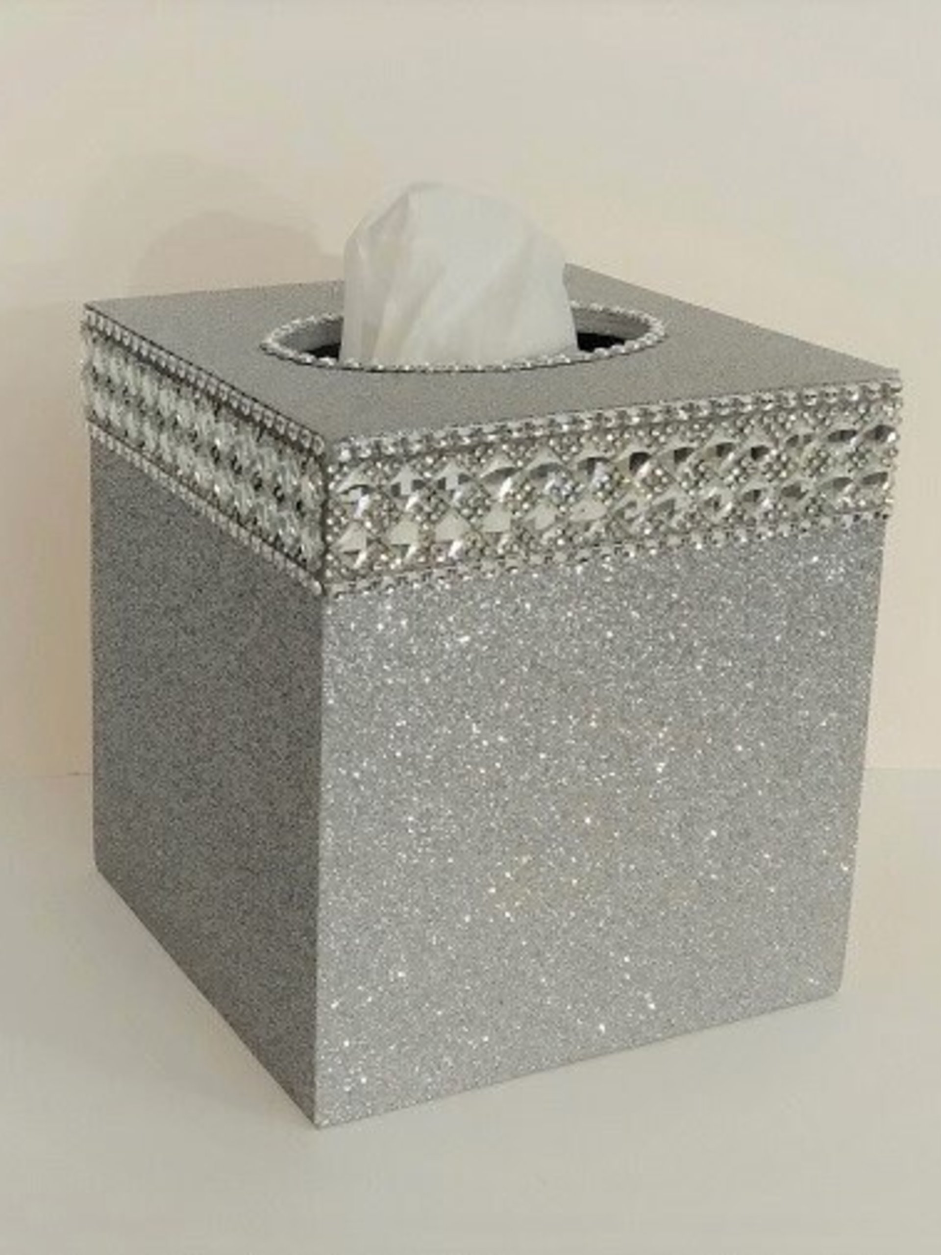 Glitter & Bling Tissue Box Cover-Fine Glitter w/Crystal Glass Rhinestone Trim and Diamond Wrap Bling- Home, Bath, Wedding, Christmas, Gift