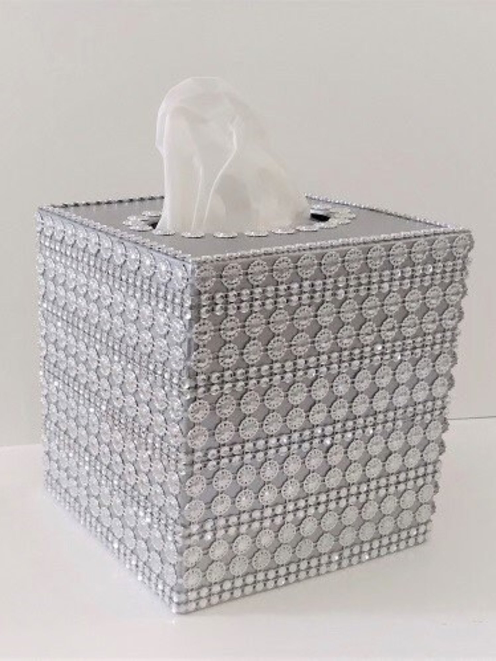 Bling Jeweled Flower & Diamond Wrap Tissue Box Cover-Handpainted w/Sparkling Silver Circle Flower Shaped Diamond Wrap