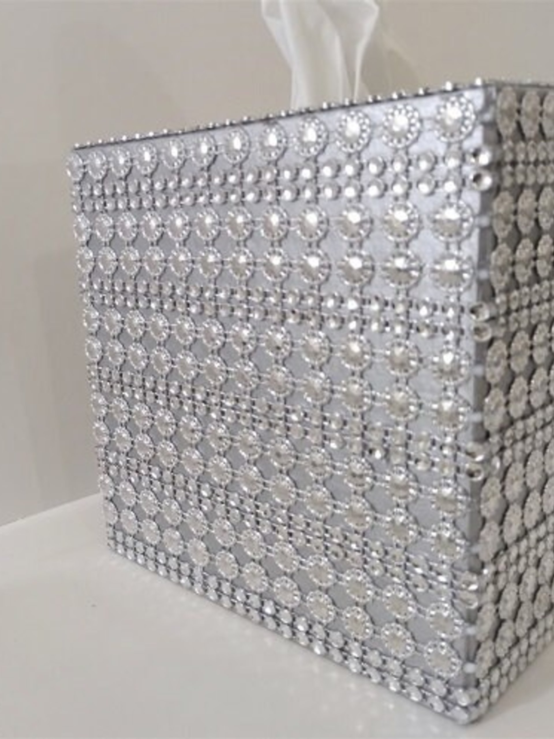 Bling Jeweled Flower & Diamond Wrap Tissue Box Cover-Handpainted w/Sparkling Silver Circle Flower Shaped Diamond Wrap