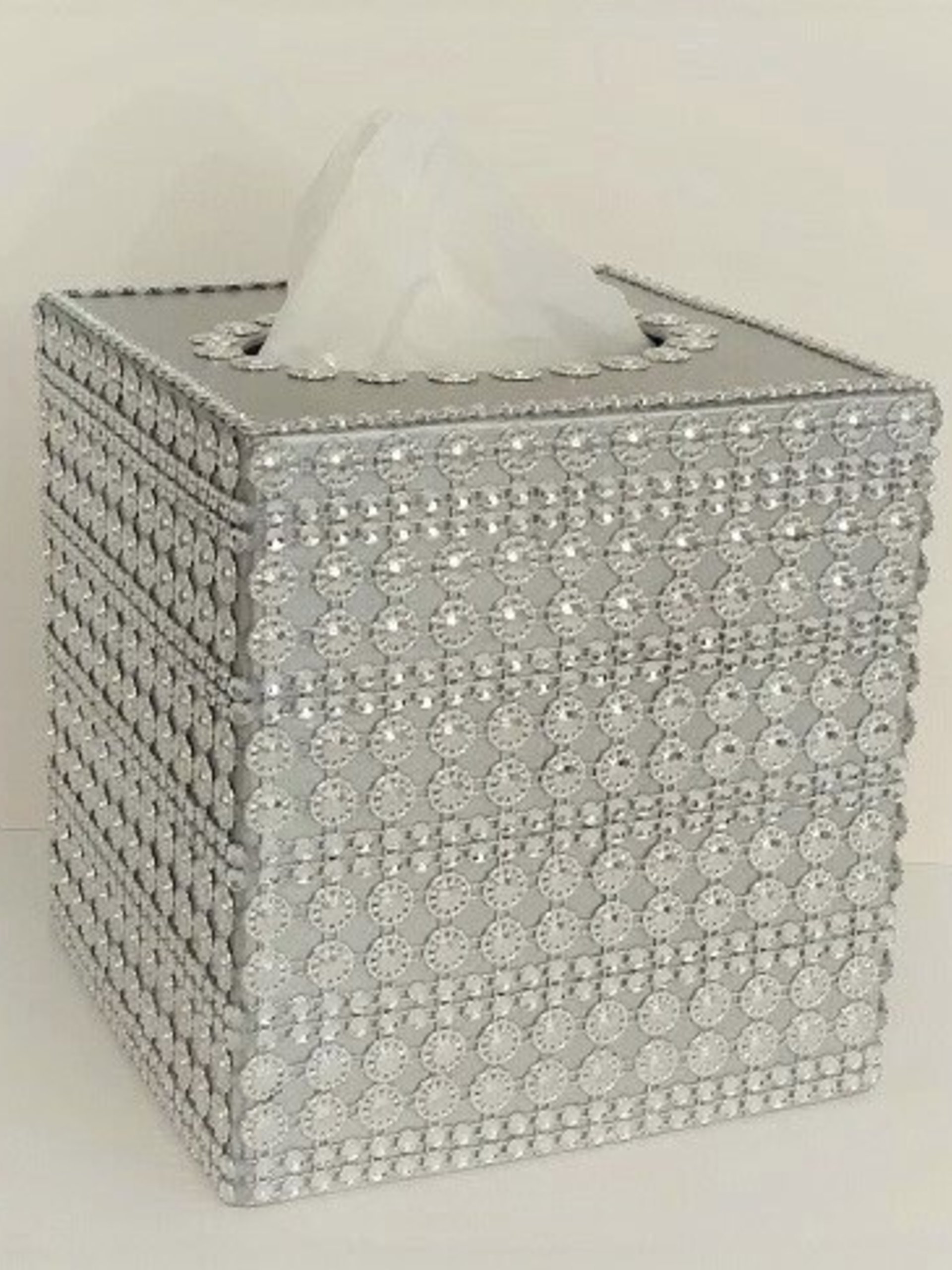 Bling Jeweled Flower & Diamond Wrap Tissue Box Cover-Handpainted w/Sparkling Silver Circle Flower Shaped Diamond Wrap