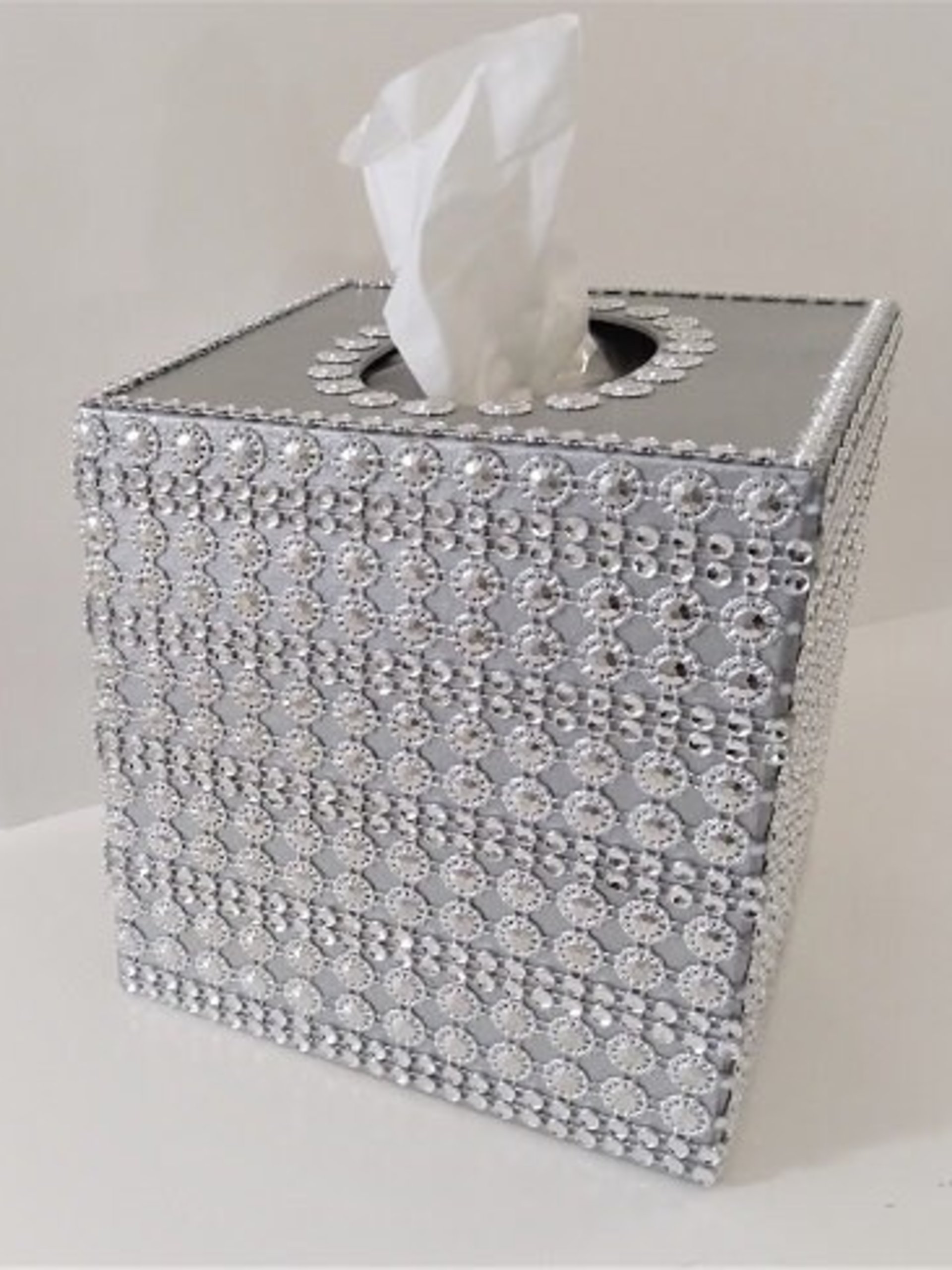 Bling Jeweled Flower & Diamond Wrap Tissue Box Cover-Handpainted w/Sparkling Silver Circle Flower Shaped Diamond Wrap