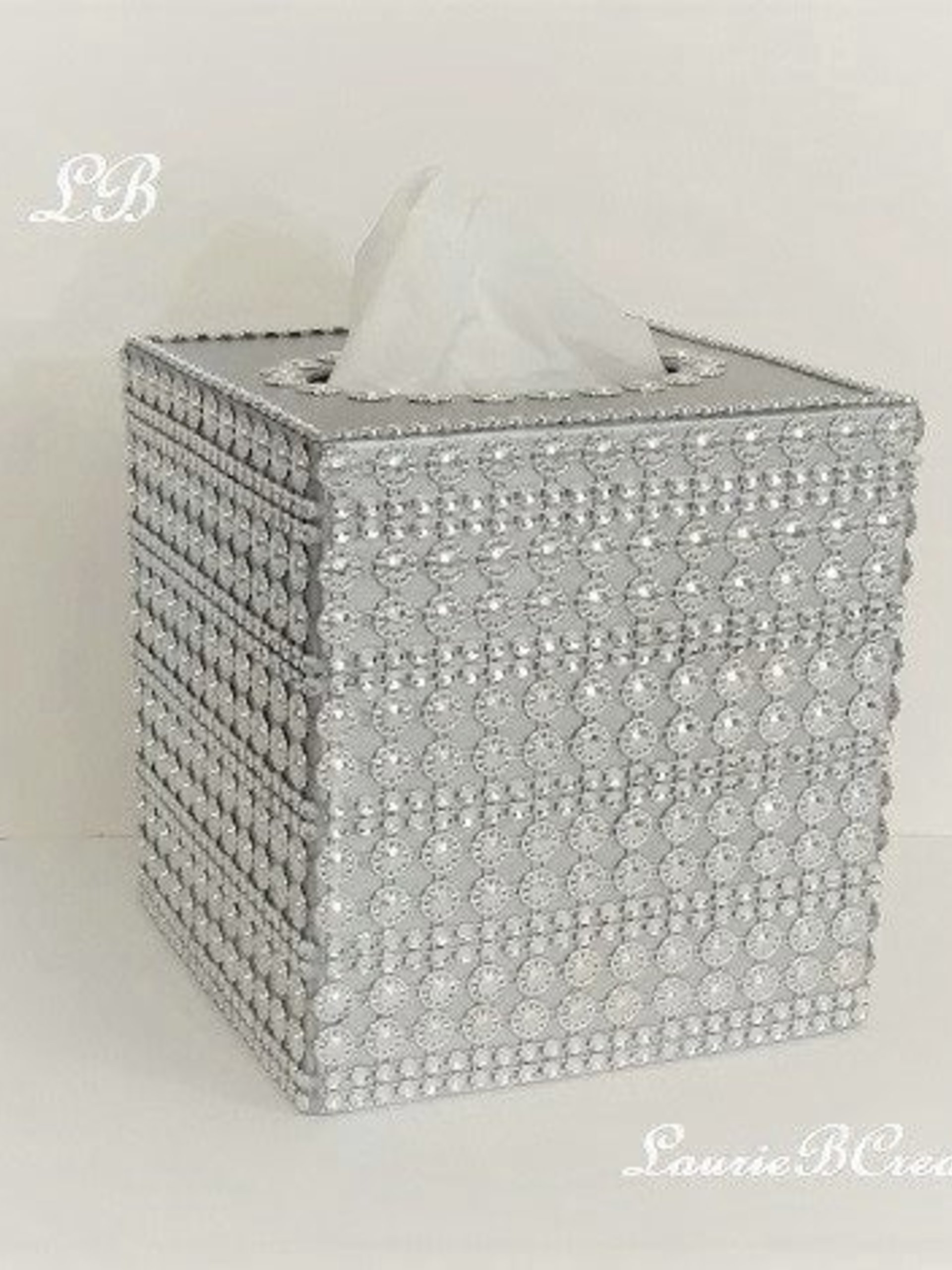 Bling Jeweled Flower & Diamond Wrap Tissue Box Cover-Handpainted w/Sparkling Silver Circle Flower Shaped Diamond Wrap