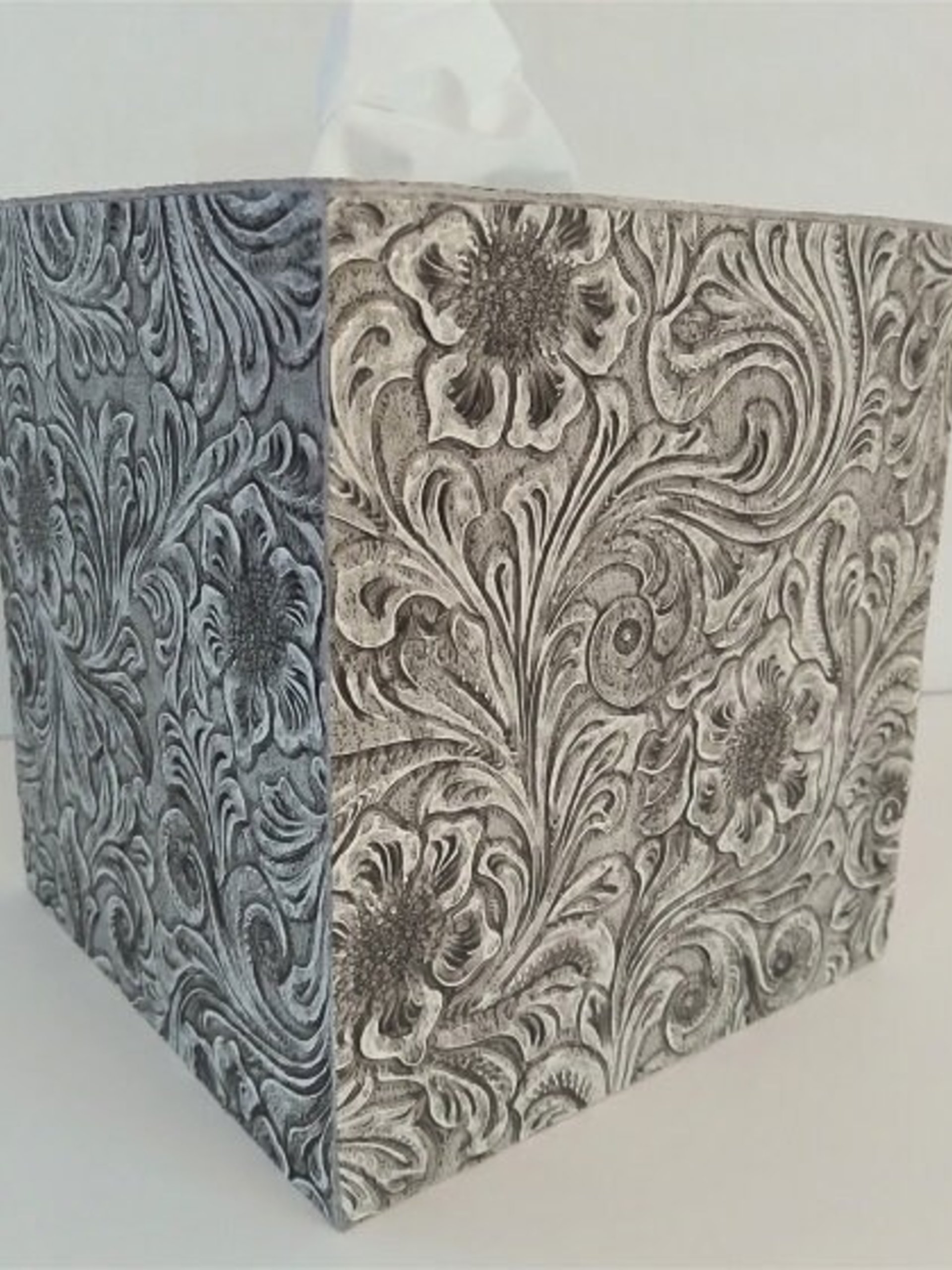 Floral Textured Tissue Box Cover- Embossed vinyl flower and swirl leaf design square tissue holder