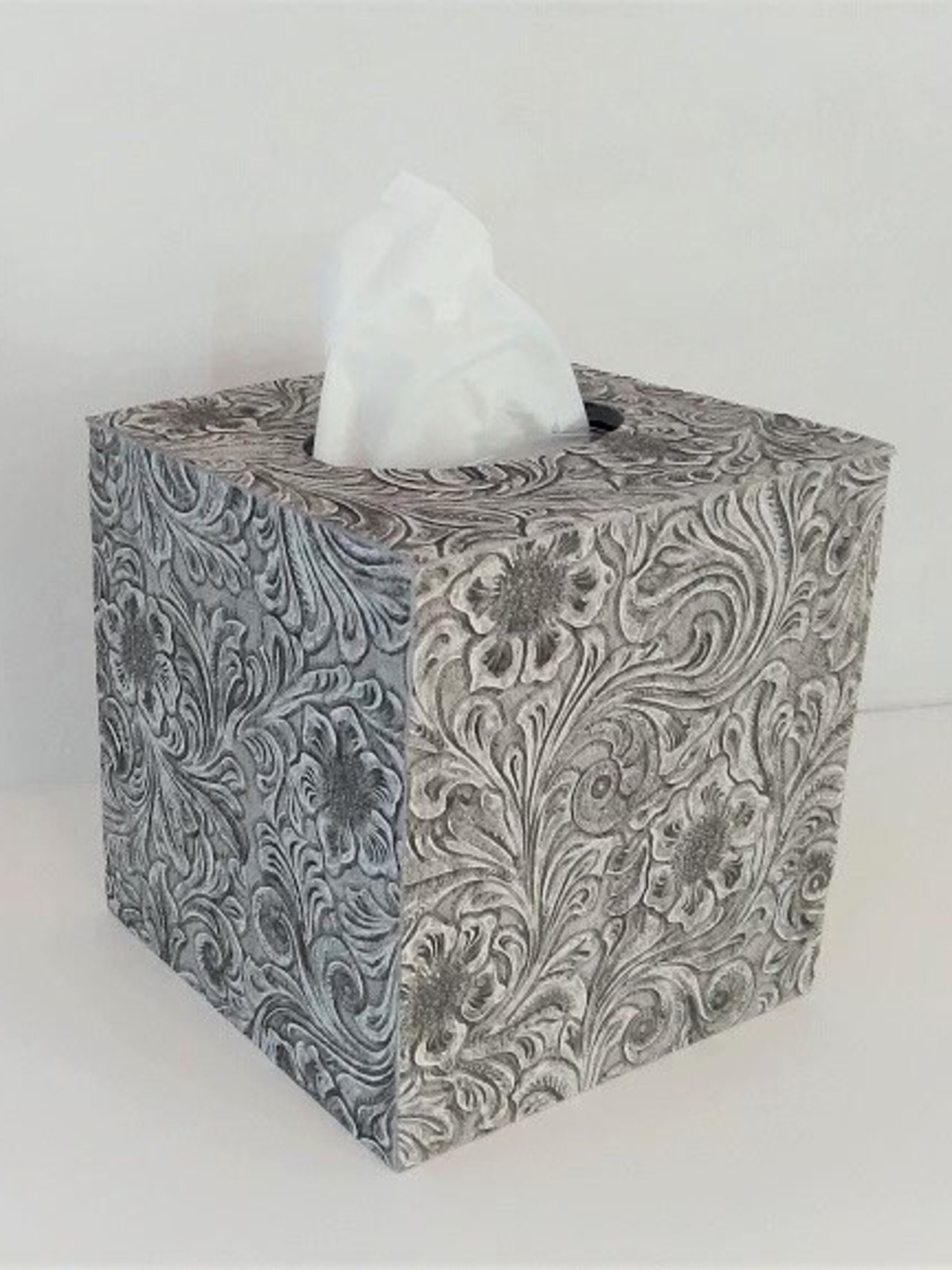 Floral Textured Tissue Box Cover- Embossed vinyl flower and swirl leaf design square tissue holder