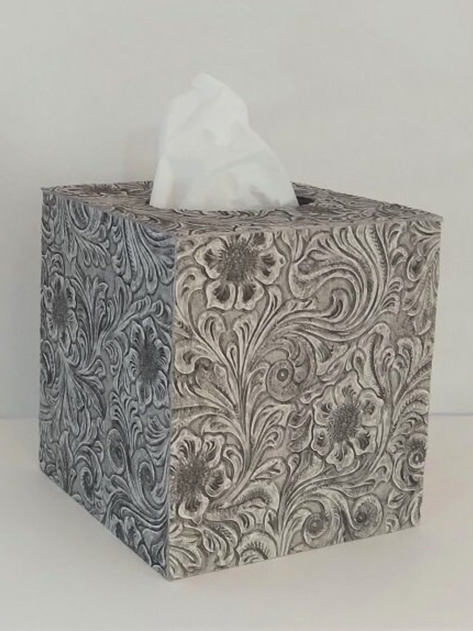 Floral Textured Tissue Box Cover- Embossed vinyl flower and swirl leaf design square tissue holder