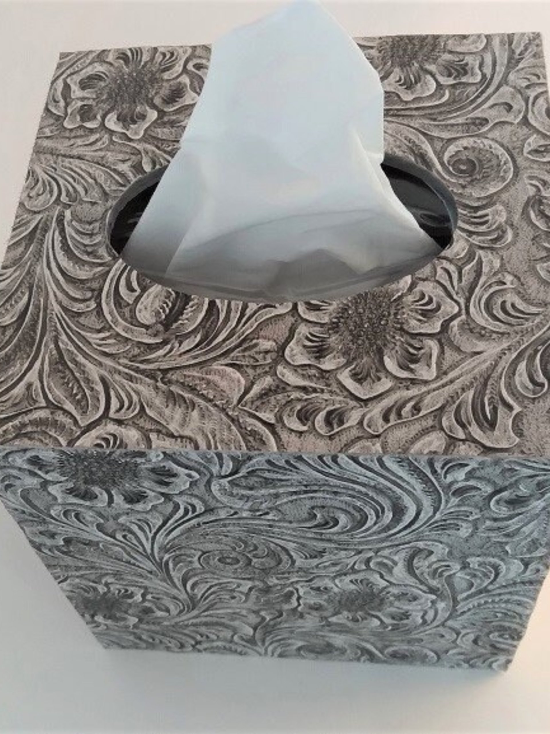 Floral Textured Tissue Box Cover- Embossed vinyl flower and swirl leaf design square tissue holder