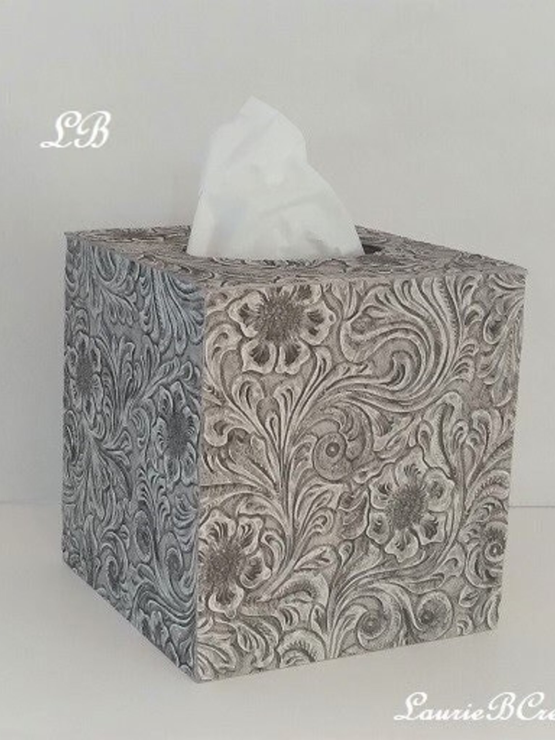 Floral Textured Tissue Box Cover- Embossed vinyl flower and swirl leaf design square tissue holder