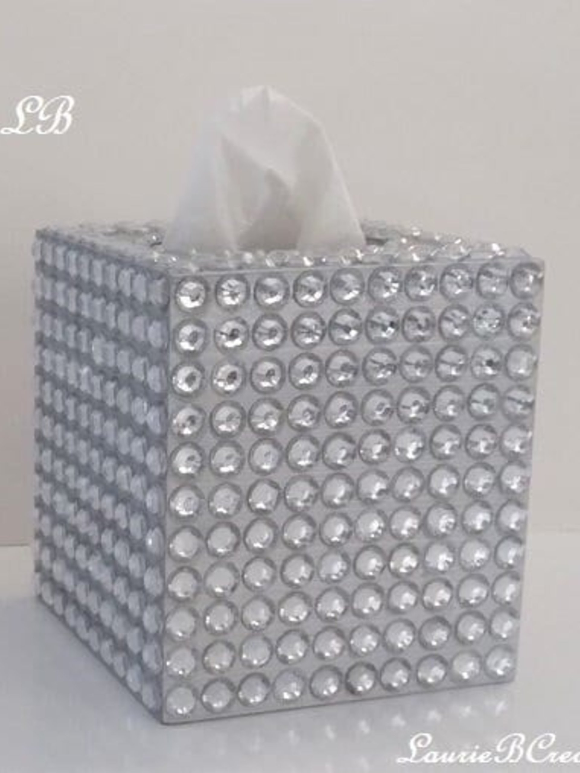 Rhinestone Bling Tissue Box Cover- Handpainted in Silver or Variety of Colors w/ Large Clear Rhinestones-Wedding,Home,Office,Bath