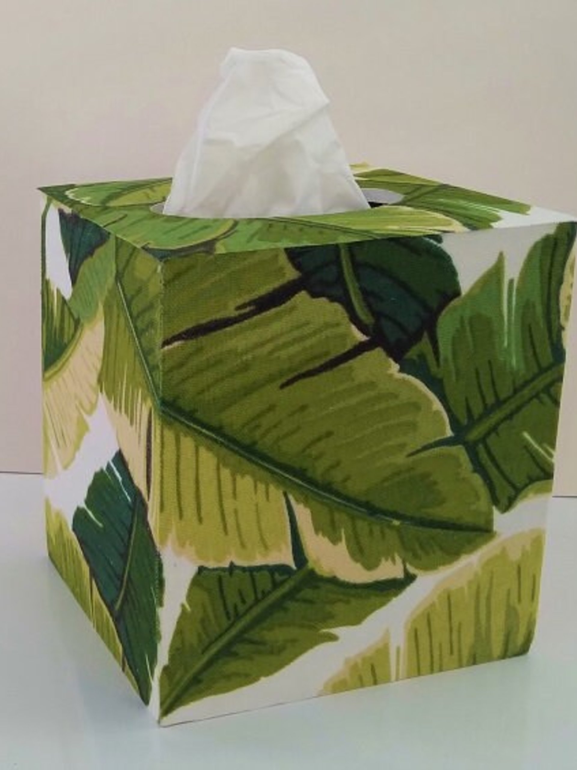 Palm Leaf Tissue Box Cover - Wood Tissue Holder with tropical banana leaves fabric