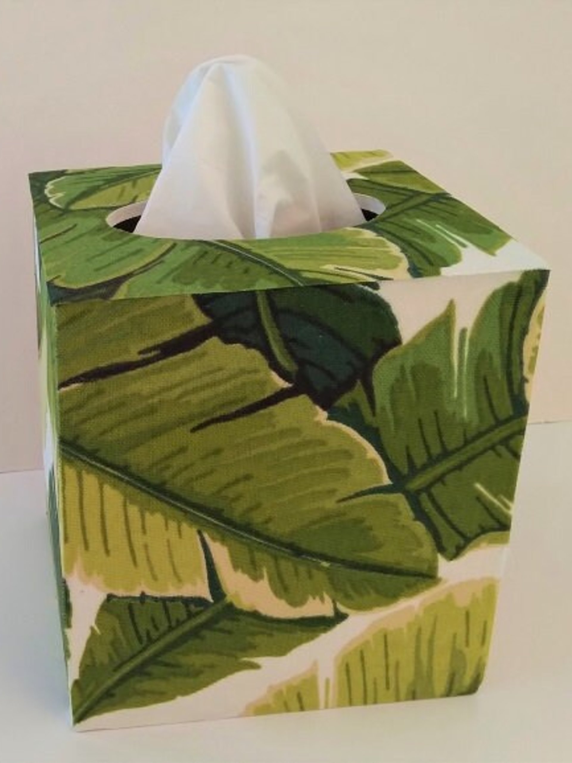 Palm Leaf Tissue Box Cover - Wood Tissue Holder with tropical banana leaves fabric