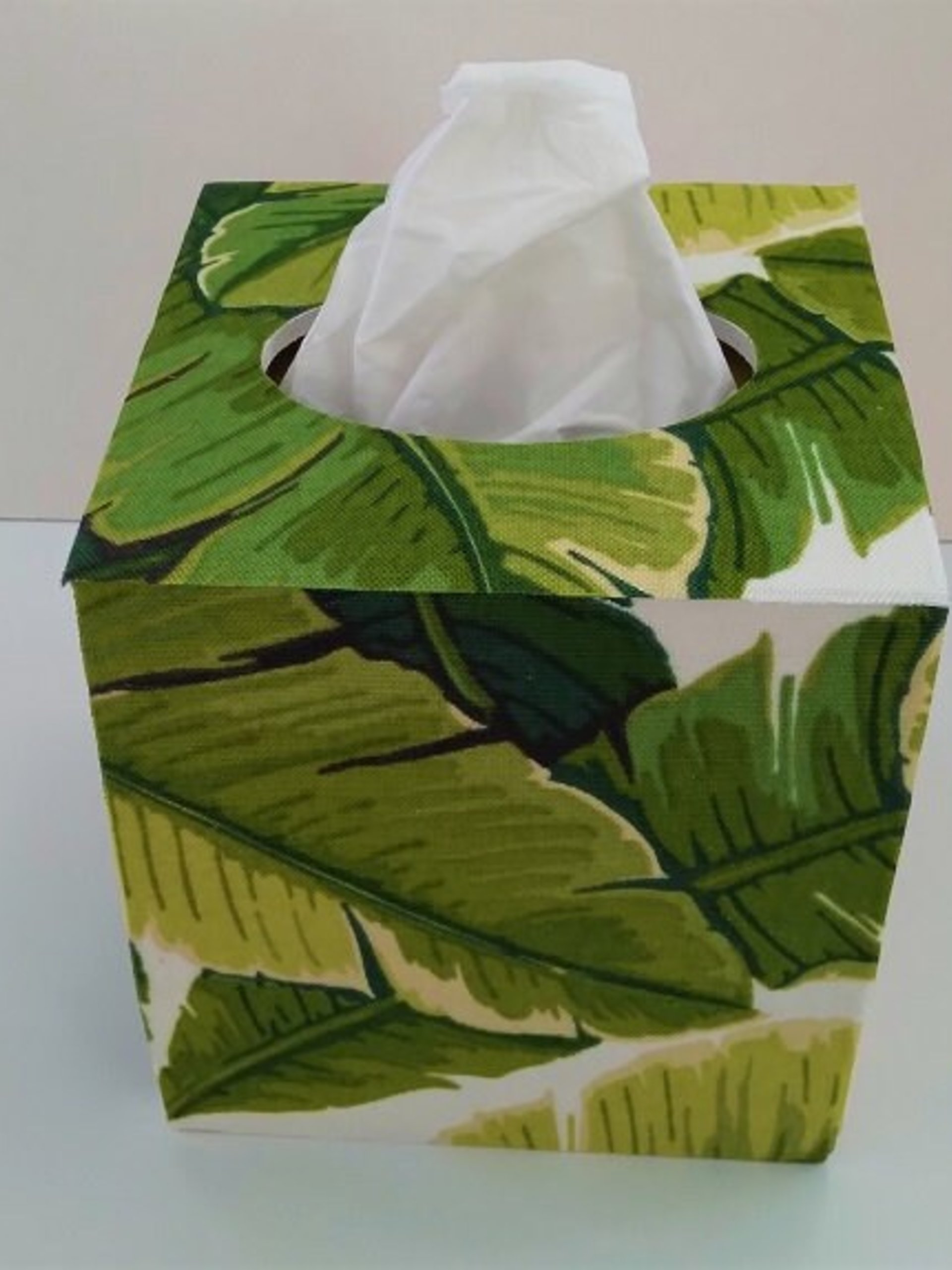 Palm Leaf Tissue Box Cover - Wood Tissue Holder with tropical banana leaves fabric