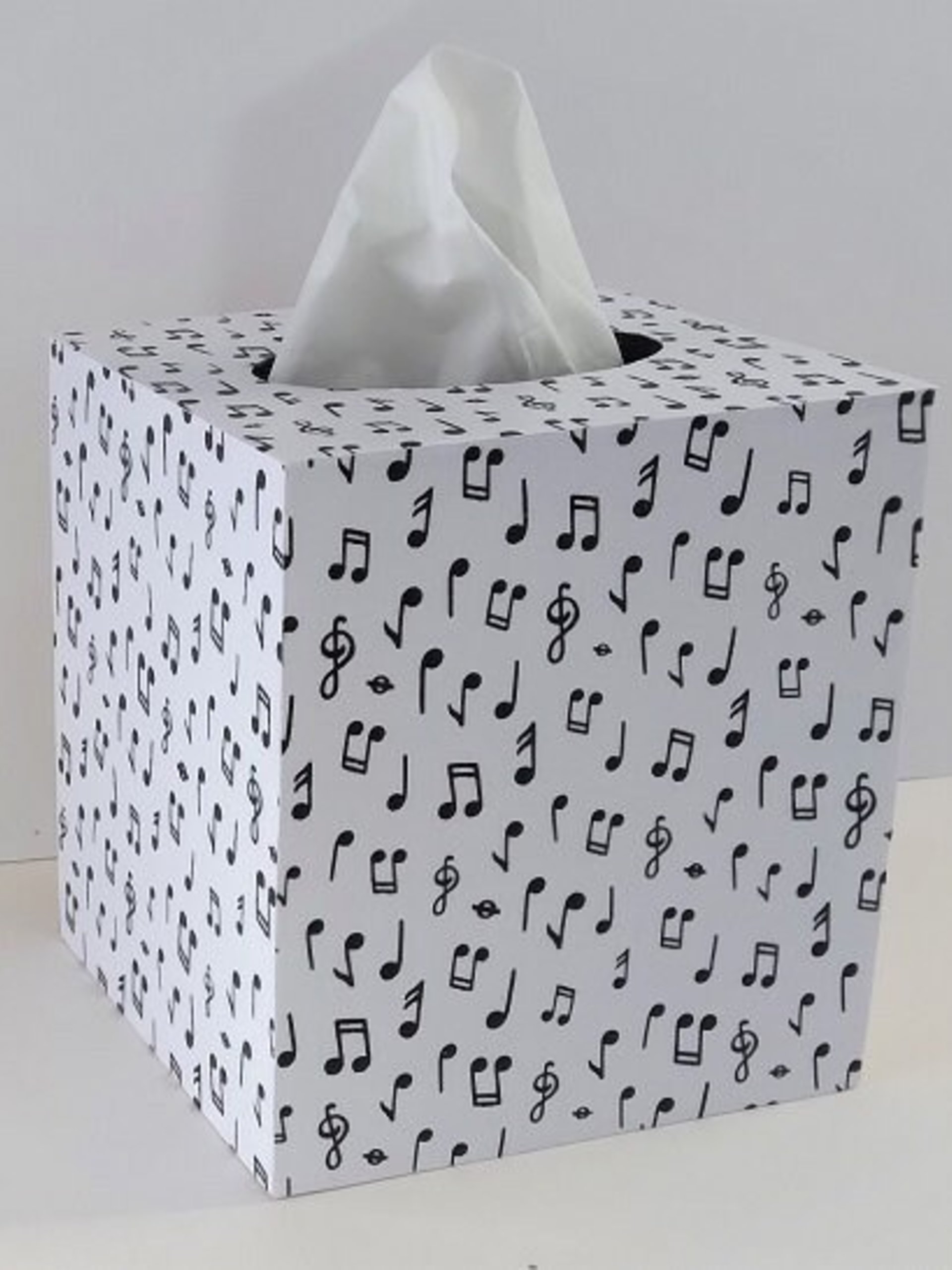 Musical Notes Tissue Box Cover - Black and White Decoupage Square Wood Tissue Holder
