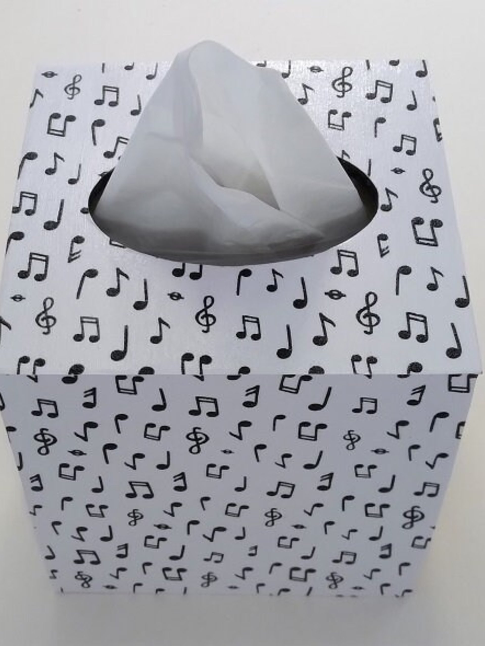 Musical Notes Tissue Box Cover - Black and White Decoupage Square Wood Tissue Holder