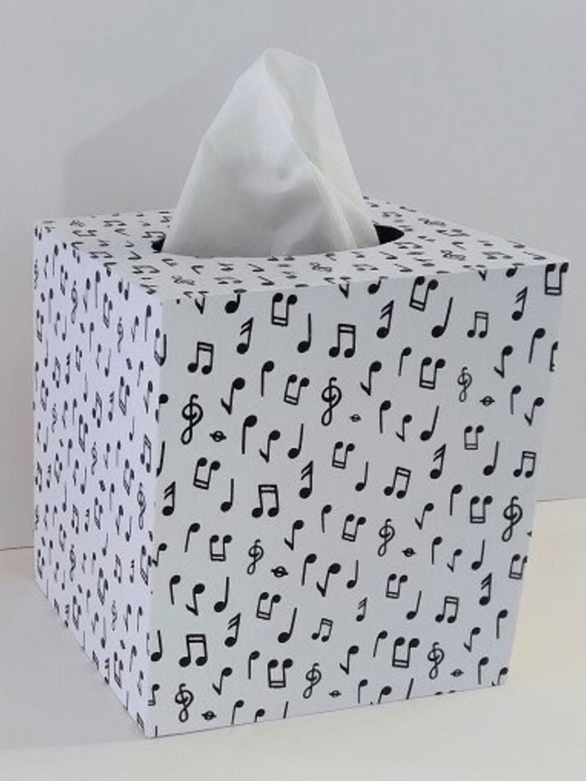Musical Notes Tissue Box Cover - Black and White Decoupage Square Wood Tissue Holder