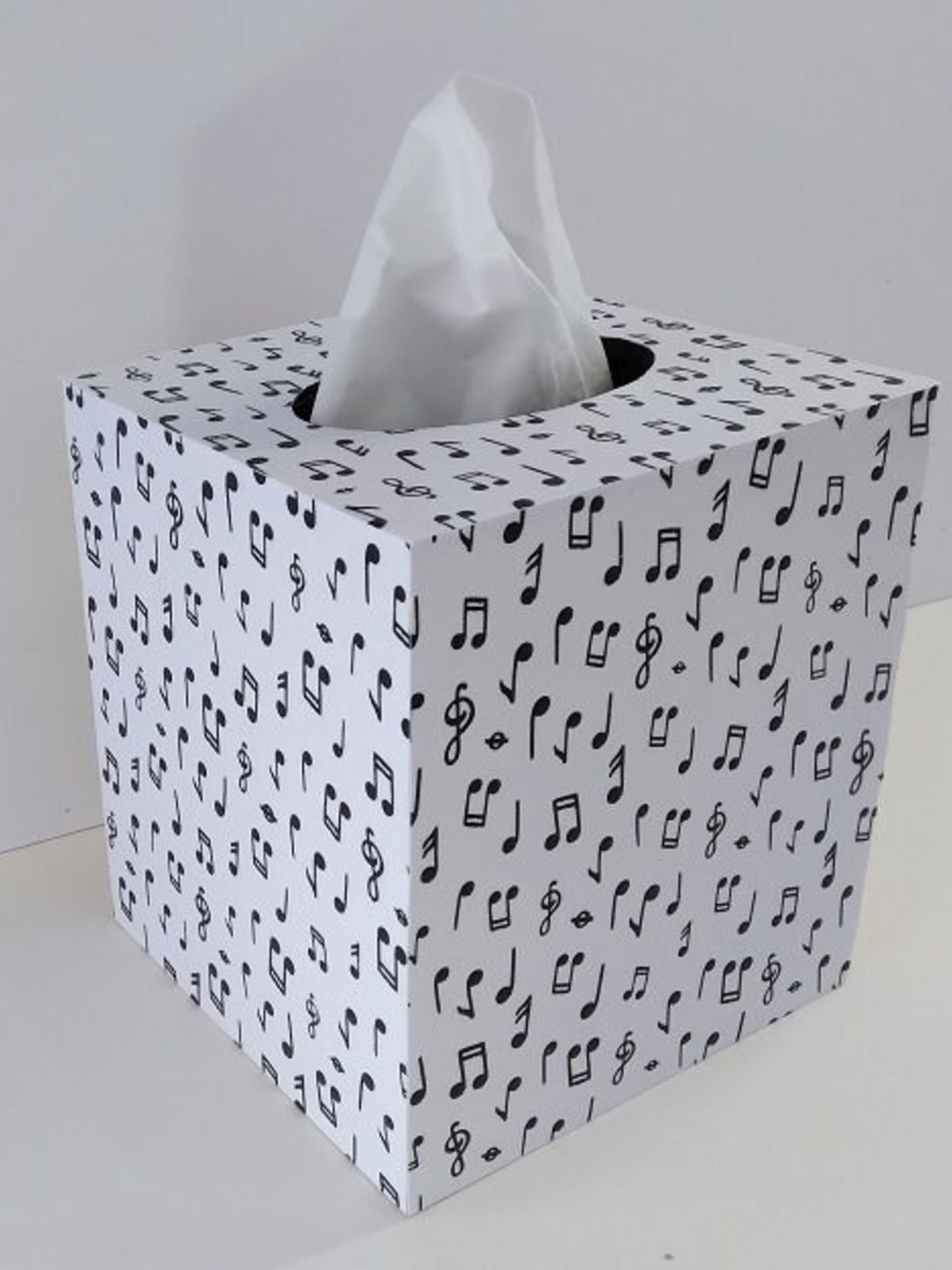 Musical Notes Tissue Box Cover - Black and White Decoupage Square Wood Tissue Holder