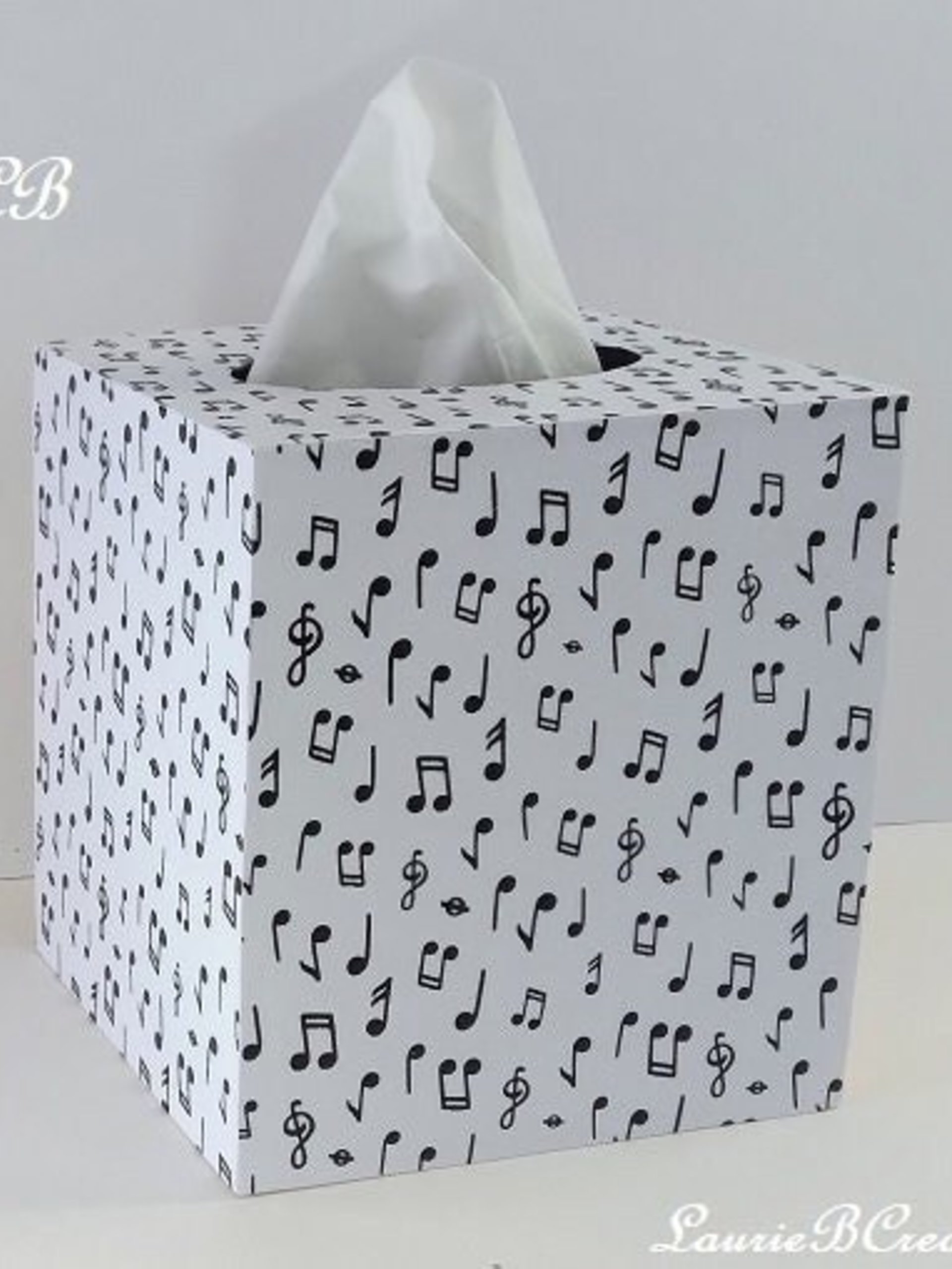 Musical Notes Tissue Box Cover - Black and White Decoupage Square Wood Tissue Holder