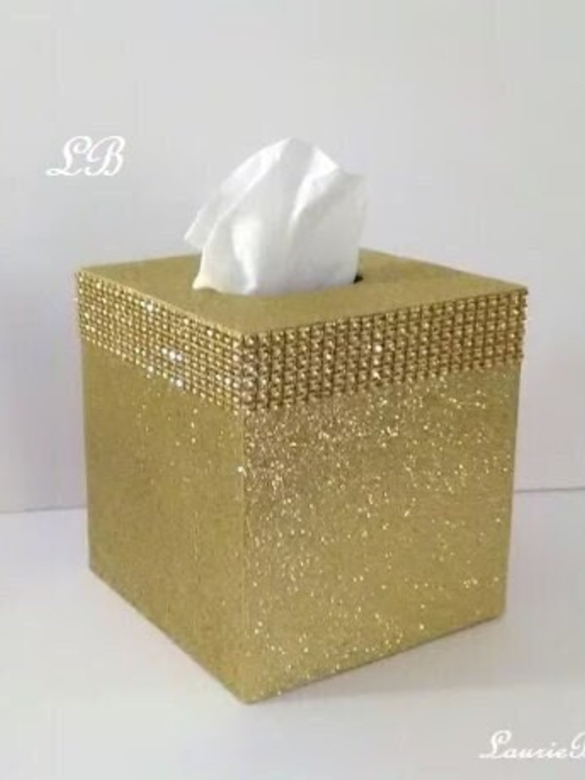 Gold Glitter & Diamond Wrap Tissue Box Cover-Fine Glitter w/Gold Diamond Wrap Bling, Square Tissue Holder