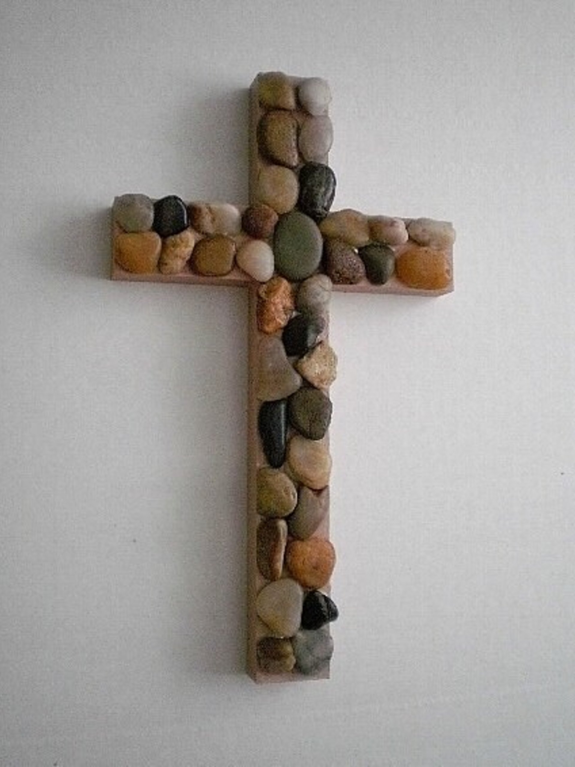 River Rock Wall Cross - Hand Painted Beige Wood Cross with River Pebble Rocks- 12" Natural Stone Cross 