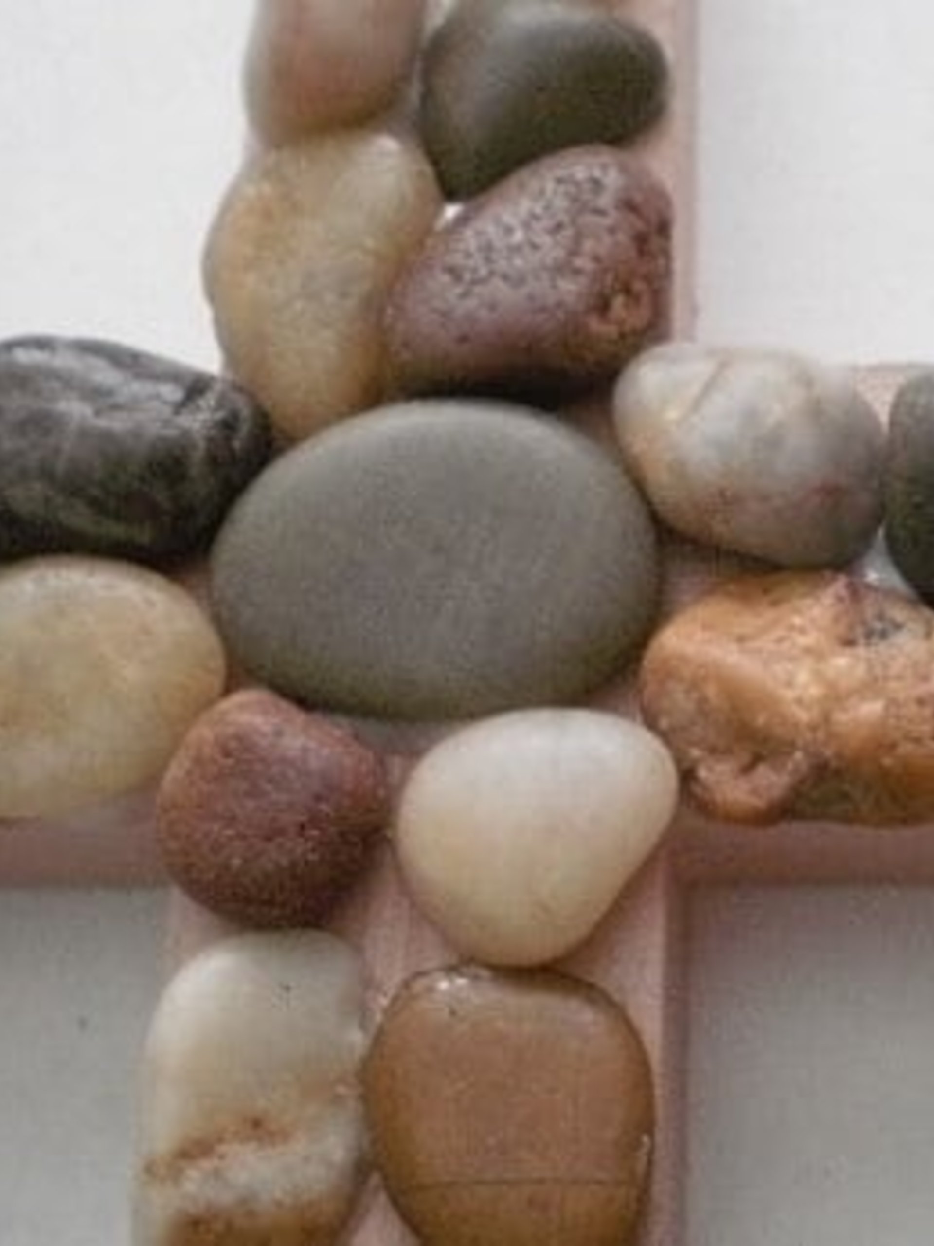 River Rock Wall Cross - Hand Painted Beige Wood Cross with River Pebble Rocks- 12" Natural Stone Cross 