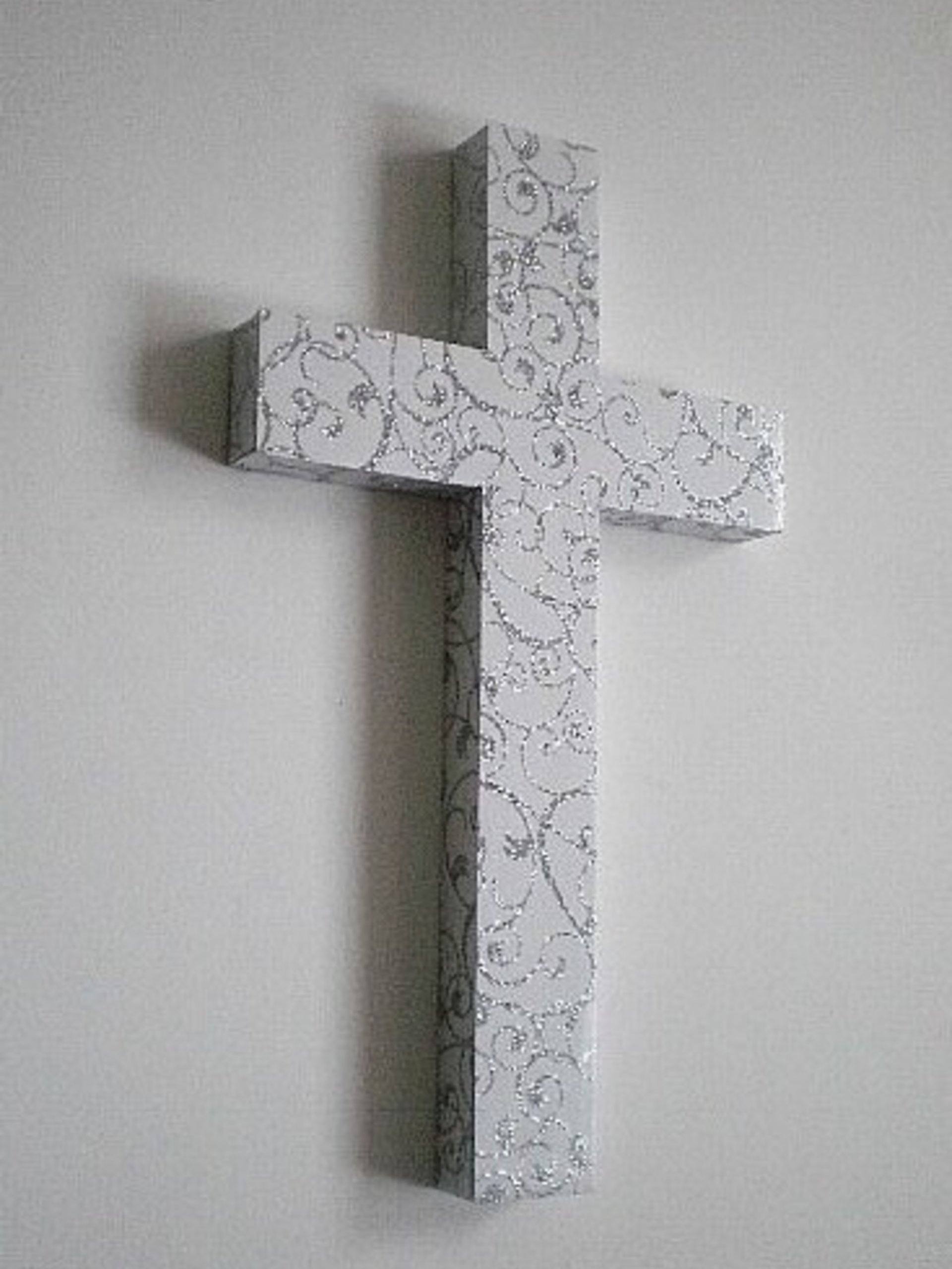 Silver Swirl Cross - White Wall Cross w/ Sparkling Silver Glitter Swirls - 9.5" or 12"