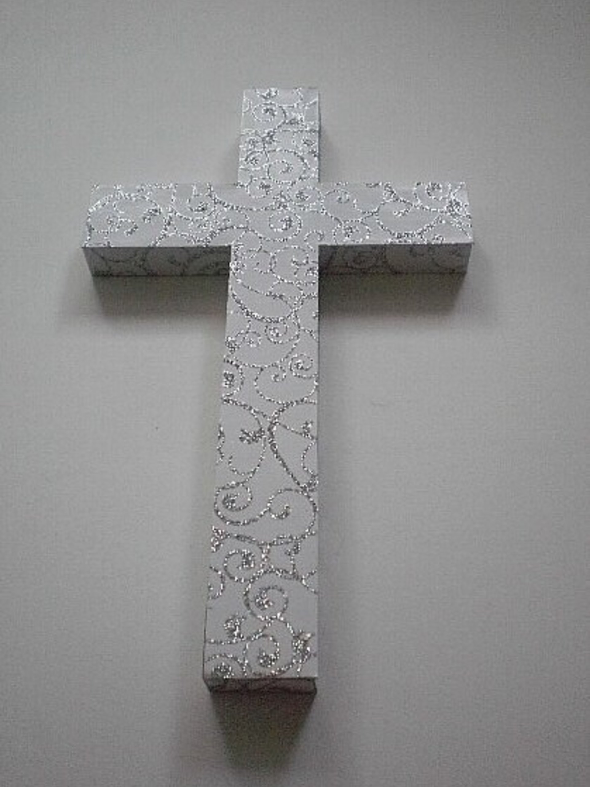 Silver Swirl Cross - White Wall Cross w/ Sparkling Silver Glitter Swirls - 9.5" or 12"
