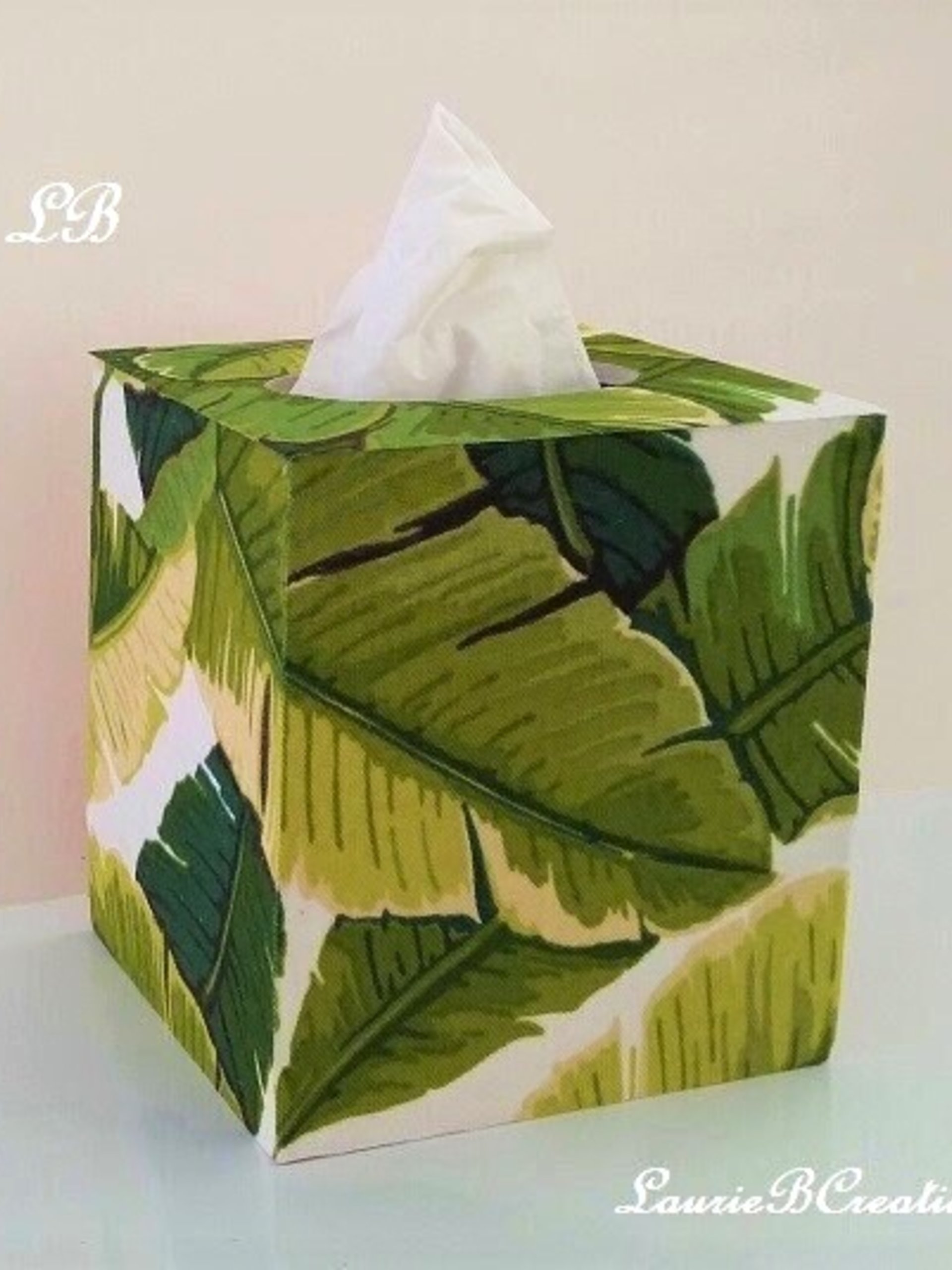 Palm Leaf Tissue Box Cover - Wood Tissue Holder with tropical banana leaves fabric
