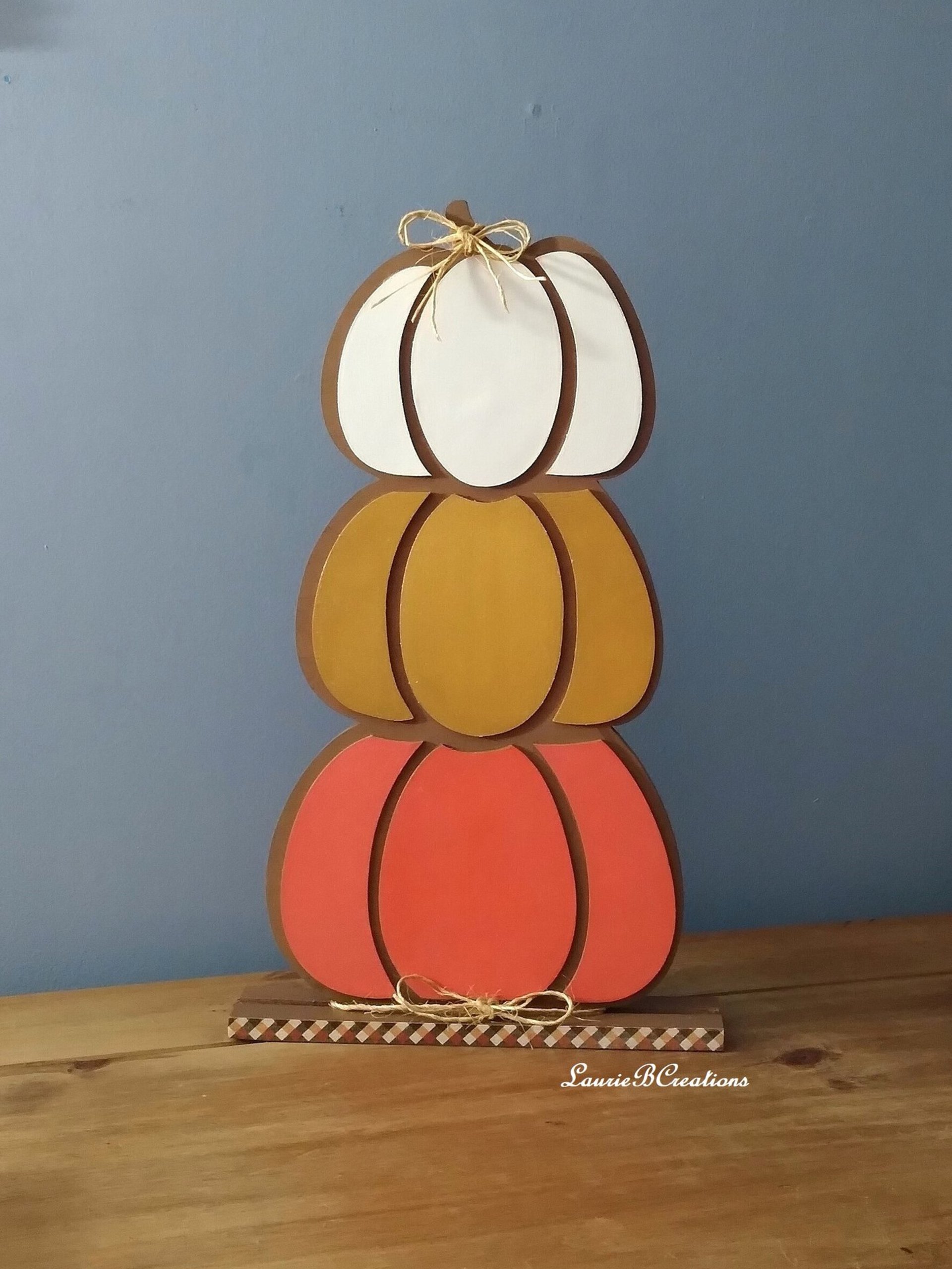 Stacked Wood Pumpkins - Handpainted Fall decor in brown with colorful sparkling pumpkins