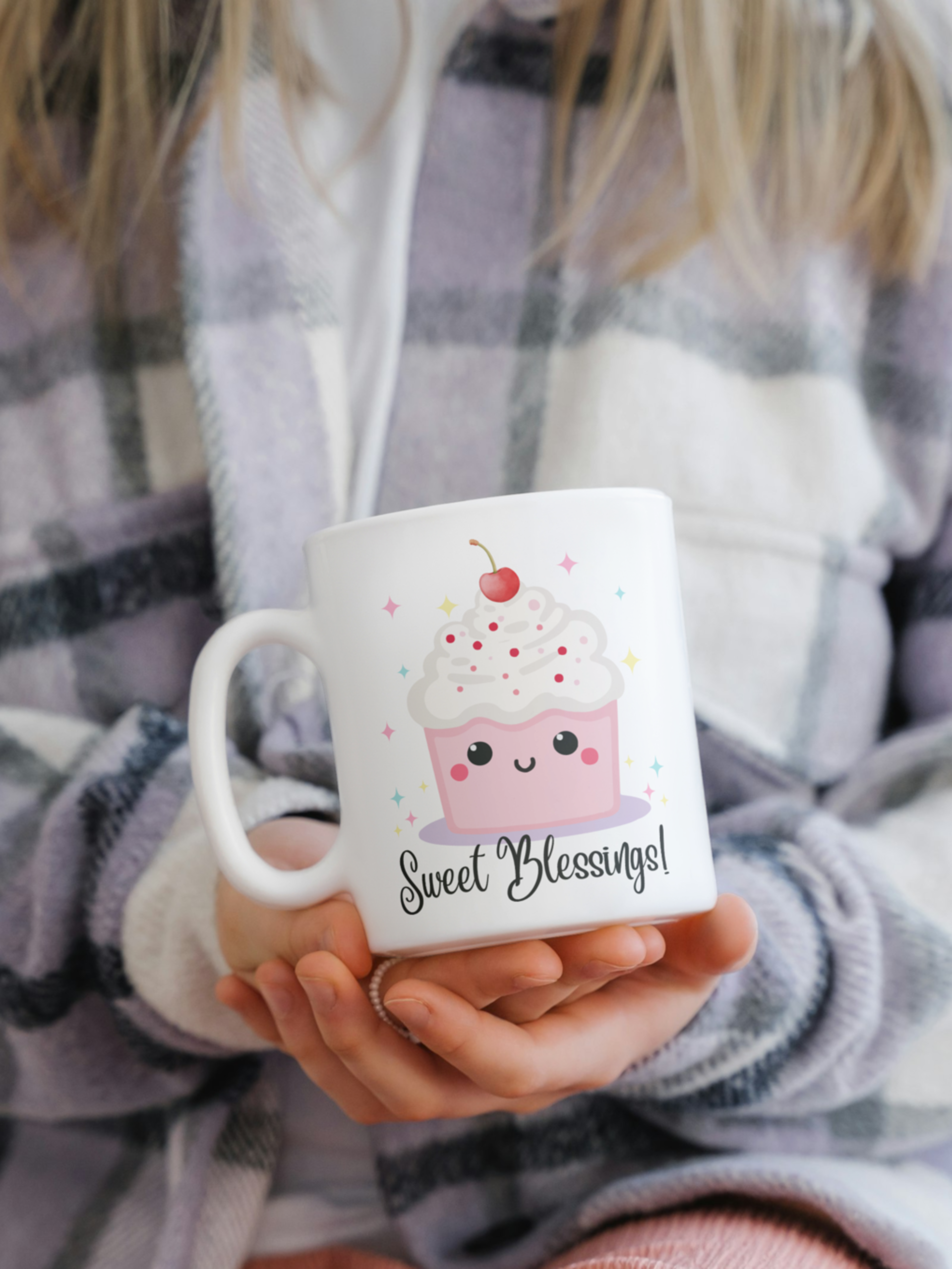 Sweet Blessings Ceramic Mug  - 11 oz. white with whimsical cupcake and stars 