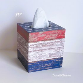 Patriotic Tissue Box Cover - Decoupage red, white and blue woodgrain design with stars