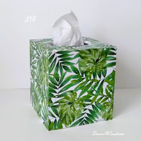 Tropical Palm Leaf Tissue Box Cover- Decoupage with green palm and monstera leaves on white background