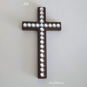 Rhinestone Wall Cross - Handpainted sparkling bling cross with large clear rhinestones - 8" x 4.5" 