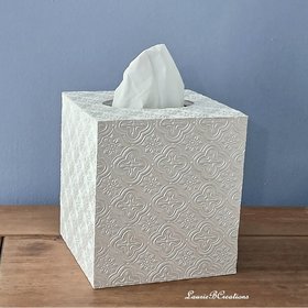 Ivory Medallion Tissue Box Cover - Decorative shimmering embossed square tissue holder