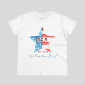 Let Freedom Ring - women's patriotic soft cotton tee, red white and blue
