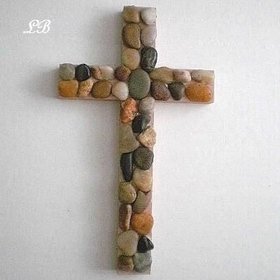 River Rock Wall Cross - Hand Painted Beige Wood Cross with River Pebble Rocks- 12" Natural Stone Cross 
