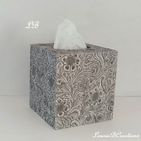 Floral Textured Tissue Box Cover- Embossed vinyl flower and swirl leaf design square tissue holder