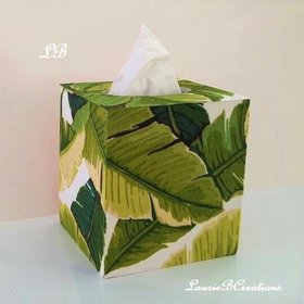 Palm Leaf Tissue Box Cover - Wood Tissue Holder with tropical banana leaves fabric